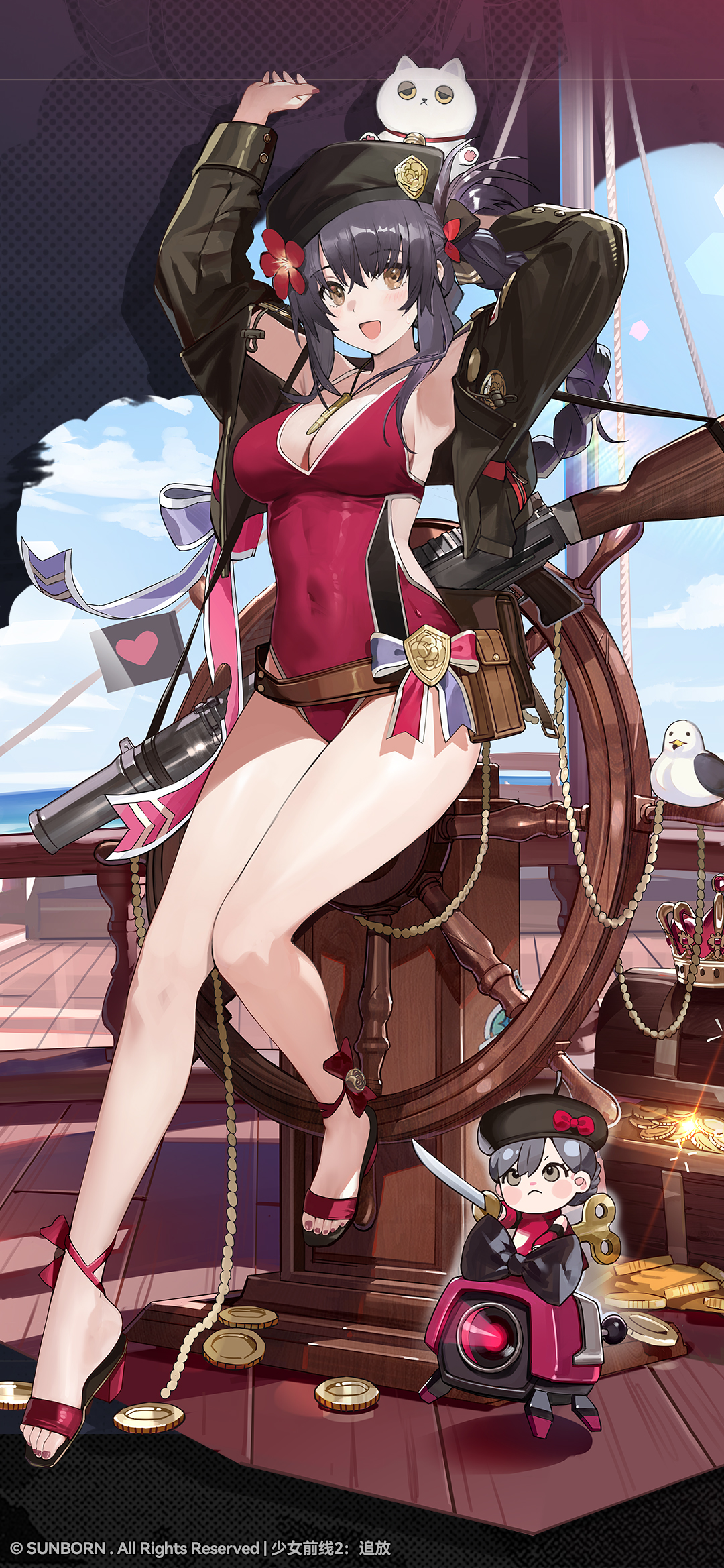 dinergate (girls' frontline), lewis (girls' frontline), lewis (girls' frontline 2), lewis (sunscreen battle) (girls' frontline), girls' frontline, girls' frontline 2: exilium, commentary request, highres, official art, official wallpaper, second-party source, 1girl, black hair, blue sky, brown hair, cloud, doll, gold, hair ribbon, hat, jacket, mast, off shoulder, one-piece swimsuit, ribbon, ship, sky, solo, steering wheel, swimsuit, treasure chest, watercraft