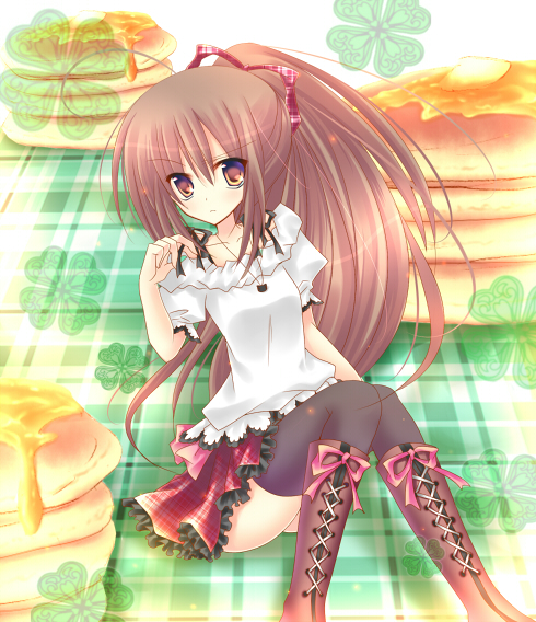 asakura hayate, asakura ibuki, natsume rin, little busters!, bad id, bad pixiv id, brown hair, ponytail, ribbon, skirt, solo, thighhighs