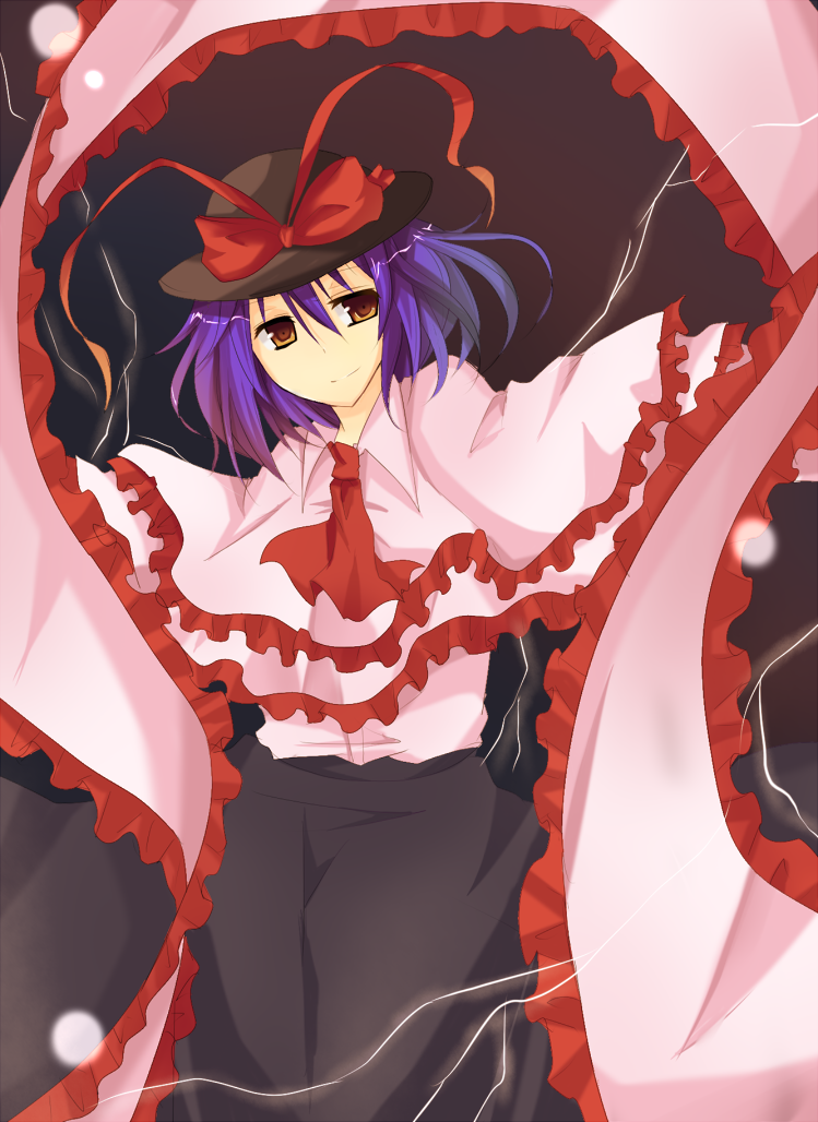 renarena, nagae iku, touhou, bad id, bad pixiv id, 1girl, female focus, hat, purple hair, red eyes, short hair, solo, standing