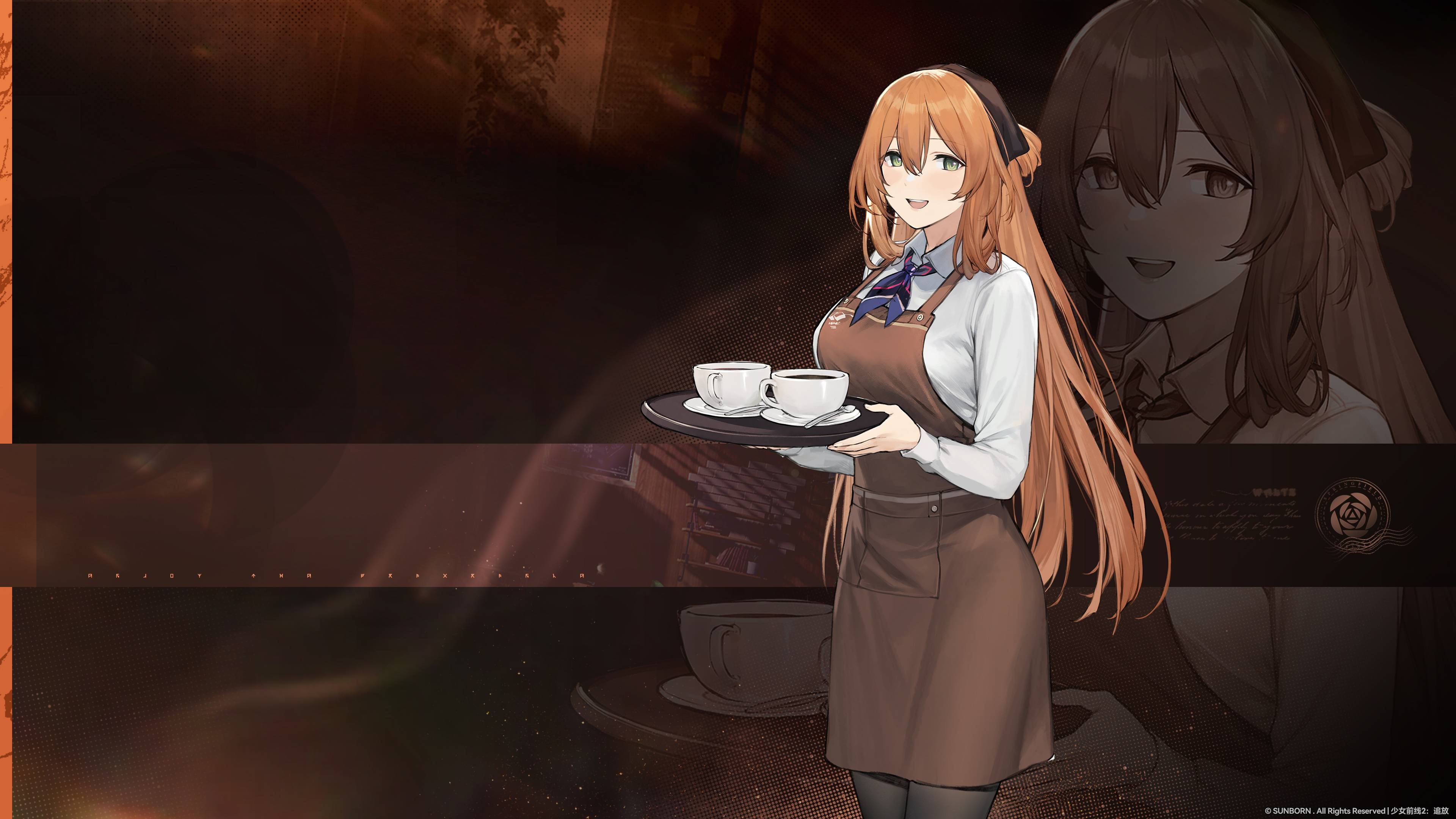 springfield (girls' frontline), springfield (girls' frontline 2), girls' frontline, girls' frontline 2: exilium, absurdres, artist request, commentary request, highres, official art, official wallpaper, second-party source, 1girl, apron, brown apron, brown hair, coffee mug, cup, green eyes, holding, holding tray, mug, shirt, solo, tray, white shirt, zoom layer