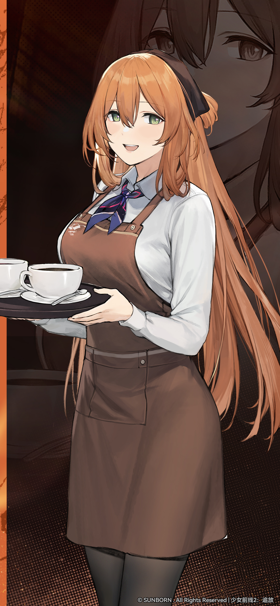 springfield (girls' frontline), springfield (girls' frontline 2), girls' frontline, girls' frontline 2: exilium, artist request, commentary request, highres, official art, official wallpaper, second-party source, 1girl, apron, brown apron, brown hair, coffee mug, cup, green eyes, holding, holding tray, mug, shirt, solo, tray, white shirt, zoom layer