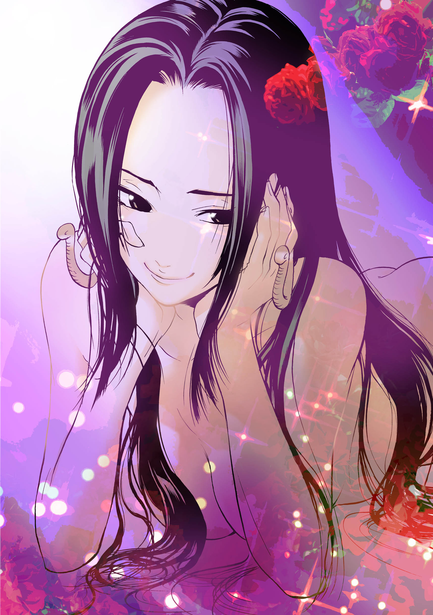 sagatsune, boa hancock, one piece, absurdres, highres, 1girl, black hair, breasts, cleavage, earrings, female focus, jewelry, long hair, smile, solo, topless female