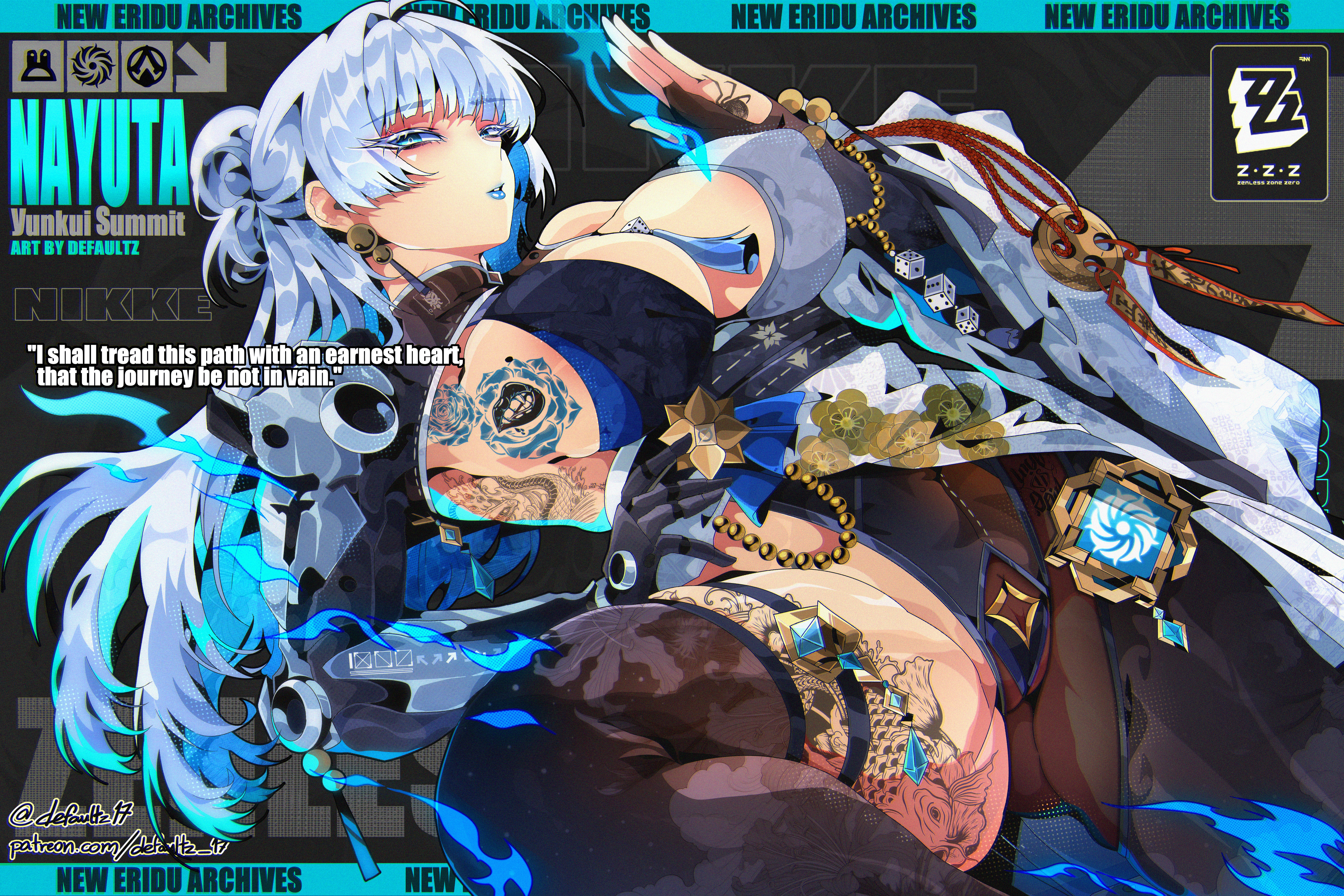 defaultz, nayuta (nikke), goddess of victory: nikke, zenless zone zero, absurdres, commentary, english commentary, highres, 1girl, artist name, blue eyes, blue hair, blue lips, breast tattoo, breasts, character name, colored inner hair, dice, earrings, english text, floral print, grey hair, hand tattoo, jewelry, leg tattoo, leotard, long hair, multicolored hair, patreon username, single leg pantyhose, single thighhigh, solo, spider tattoo, tassel, tattoo, thighhighs, twitter username