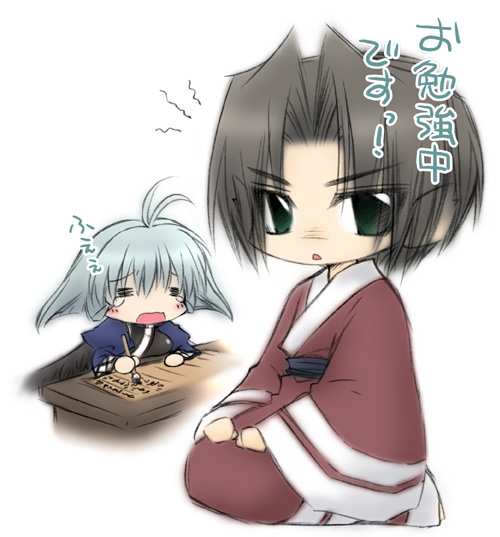 tsukirin, benawi, camyu, utawarerumono, translated, 00s, 1boy, 1girl, blush, chibi, studying, tears