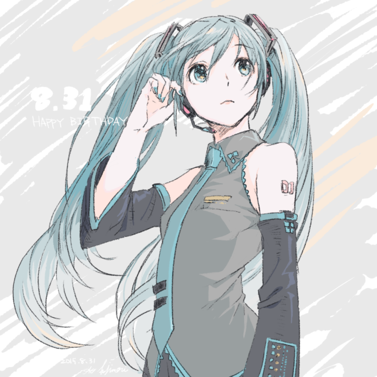 ao fujimori, hatsune miku, vocaloid, commentary, highres, 1girl, arm tattoo, bare shoulders, black sleeves, blue eyes, blue hair, blue nails, blue necktie, closed mouth, collared shirt, dated, detached sleeves, grey shirt, hair ornament, hand in own hair, happy birthday, headphones, headset, long hair, necktie, shirt, signature, simple background, sleeveless, sleeveless shirt, solo, tattoo, twintails, very long hair