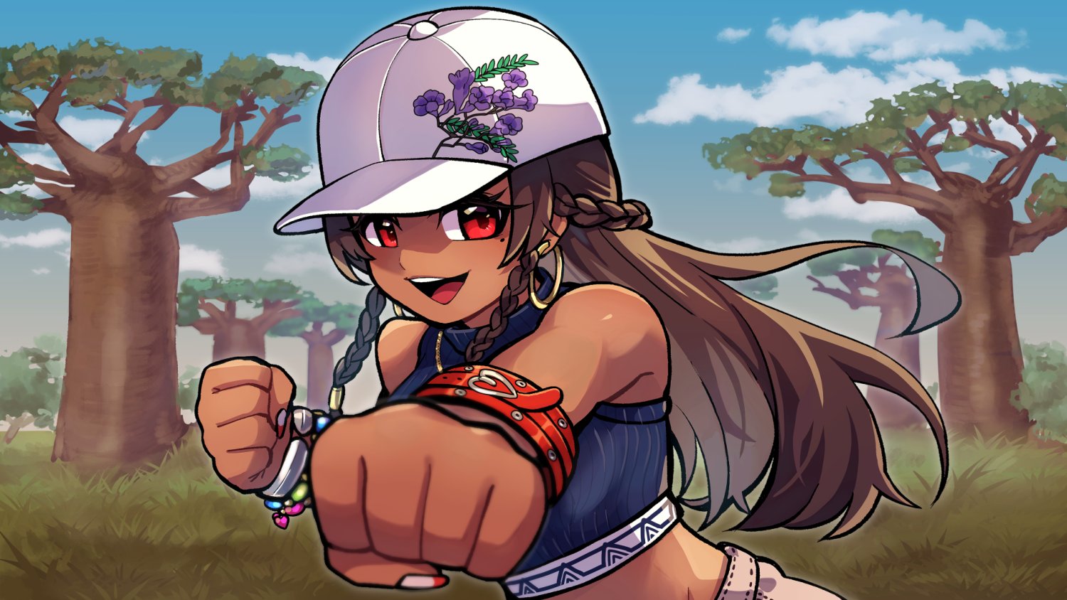 kotorai, miary zo, tekken, tekken 8, commentary request, official art, 1girl, baseball cap, blue sky, bracelet, braid, brown hair, cloud, crop top, earrings, eyelashes, foreshortening, grass, hat, hoop earrings, jewelry, long hair, looking at viewer, midriff, mole, mole under eye, open mouth, outdoors, punching, red eyes, ribbed shirt, shirt, sky, sleeveless, sleeveless shirt, solo, tan, tree, white hat
