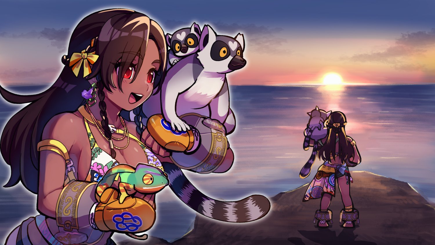 kotorai, miary zo, tekken, tekken 8, commentary request, official art, 1girl, animal, animal on shoulder, barefoot, breasts, brown hair, chameleon, cliff, cuffs, earrings, eyelashes, fingerless gloves, gloves, jewelry, large breasts, lemur, long hair, looking ahead, multiple views, necklace, open mouth, red eyes, ring-tailed lemur, shackles, standing, sunset, tan