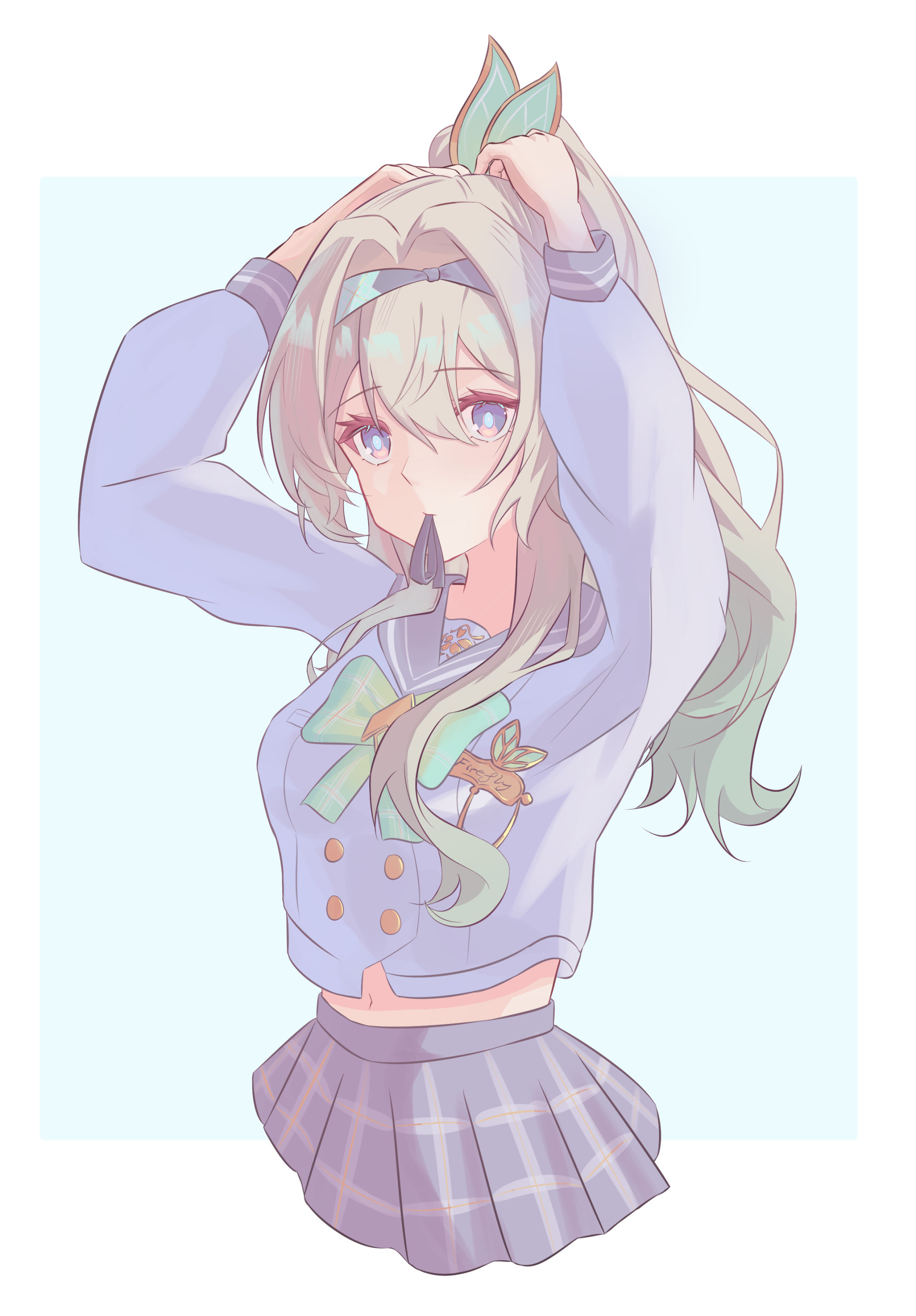 horik 22, firefly (honkai: star rail), firefly (spring missive) (honkai: star rail), honkai: star rail, honkai (series), absurdres, hashtag-only commentary, highres, 1girl, belly, bow, bowtie, buttons, collared shirt, double-breasted, gradient hair, green bow, green bowtie, green pupils, grey hair, grey sailor collar, grey skirt, hair between eyes, hair intakes, hair tie in mouth, long hair, long sleeves, mouth hold, multicolored eyes, multicolored hair, navel, pleated skirt, ponytail, sailor collar, shirt, simple background, skirt, solo, tying hair, white background, white shirt, white sleeves