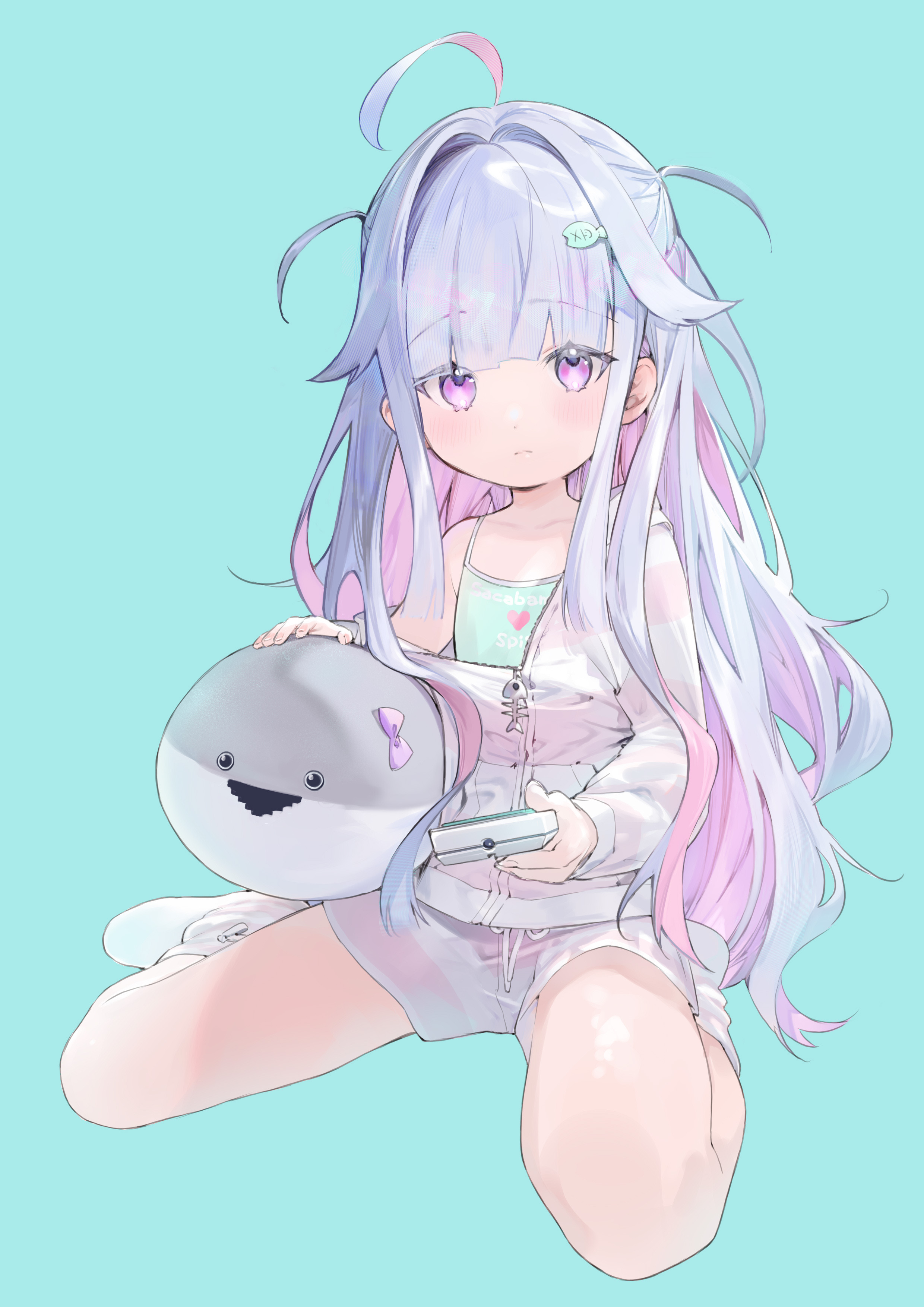 amana (pocketkey), aoboshi yuragi, original, absurdres, commentary request, highres, 1girl, aqua background, camisole, closed mouth, fish hair ornament, hair ornament, holding, jacket, long hair, looking at viewer, messy hair, multicolored hair, off shoulder, partially unzipped, pink eyes, pink hair, sacabambaspis, short shorts, shorts, simple background, sitting, solo, striped clothes, striped jacket, stuffed toy