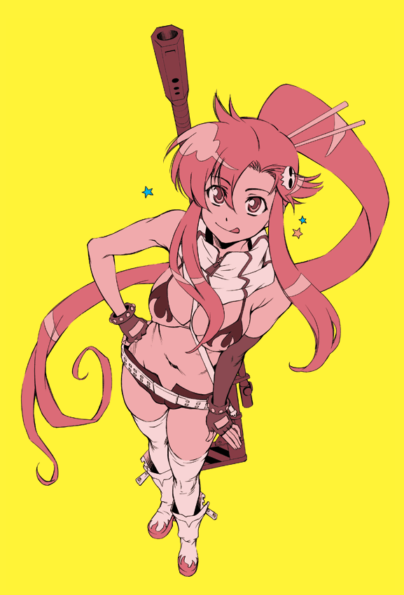 kurenai karasu, yoko littner, tengen toppa gurren lagann, 00s, 1girl, belt, bikini, bikini top only, breasts, cleavage, female focus, from above, gun, hair ornament, licking lips, midriff, ponytail, red hair, scarf, smile, solo, swimsuit, thighhighs, tongue, tongue out, weapon