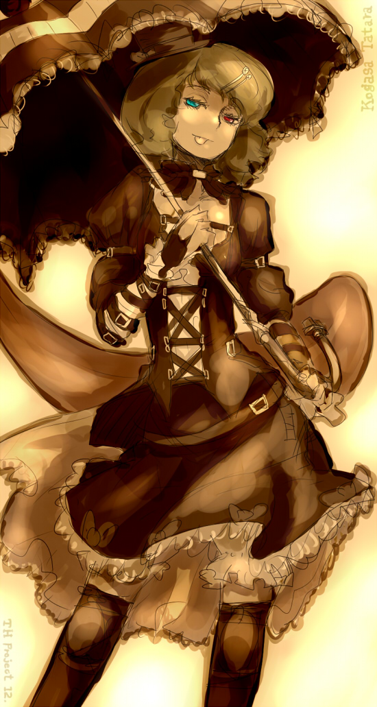 oso (toolate), hijiri byakuren, tatara kogasa, touhou, 1girl, :p, blue eyes, character name, cosplay, female focus, gothic lolita, heterochromia, hijiri byakuren (cosplay), karakasa obake, lolita fashion, red eyes, sepia, short hair, sketch, solo, spot color, tongue, tongue out, umbrella