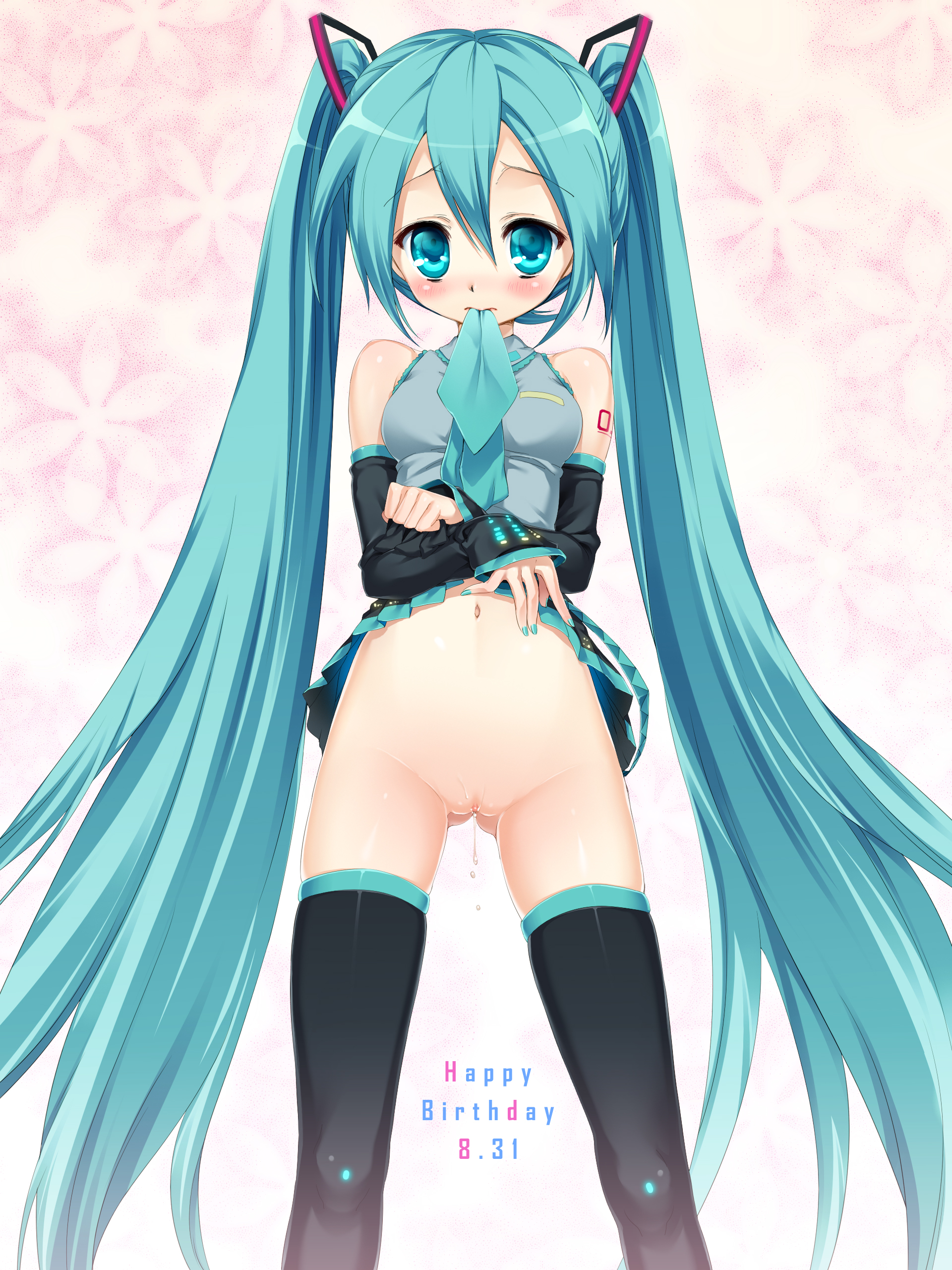 hisasi, hatsune miku, vocaloid, absurdres, highres, 1girl, aqua eyes, aqua hair, bare shoulders, black thighhighs, blush, clothes lift, detached sleeves, embarrassed, english text, female focus, groin, happy birthday, headphones, headset, legs, long hair, looking at viewer, mouth hold, navel, necktie, no panties, pussy, pussy juice, skindentation, skirt, skirt lift, solo, standing, tattoo, text focus, thighhighs, thighs, twintails, uncensored, very long hair, yamaha