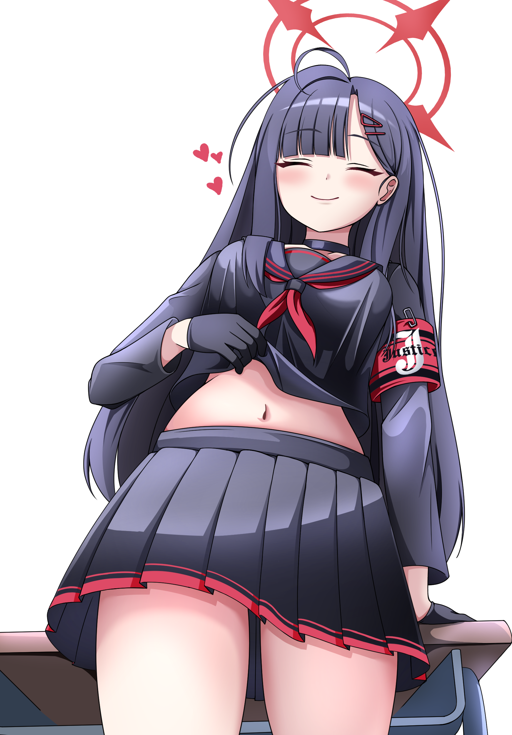 ichika (blue archive), blue archive, absurdres, commentary request, highres, 1girl, ahoge, armband, black choker, black gloves, black sailor collar, black serafuku, black wings, choker, closed eyes, gloves, hair ornament, hairclip, halo, heart, loang-lipe, long hair, navel, neckerchief, pleated skirt, red armband, red halo, red neckerchief, safety pin, sailor collar, school uniform, serafuku, skirt, solo, white background, wings