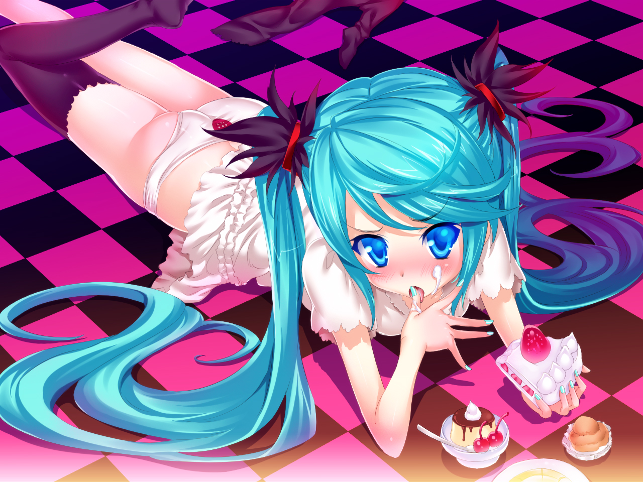 hisasi, hatsune miku, vocaloid, world is mine (vocaloid), 1girl, aqua hair, aqua nails, ass, black thighhighs, blue eyes, cake, checkered floor, female focus, floor, food, food on face, licking, licking finger, long hair, lying, nail polish, on stomach, panties, pastry, pudding, single thighhigh, solo, thighhighs, thighs, underwear, white panties, yamaha
