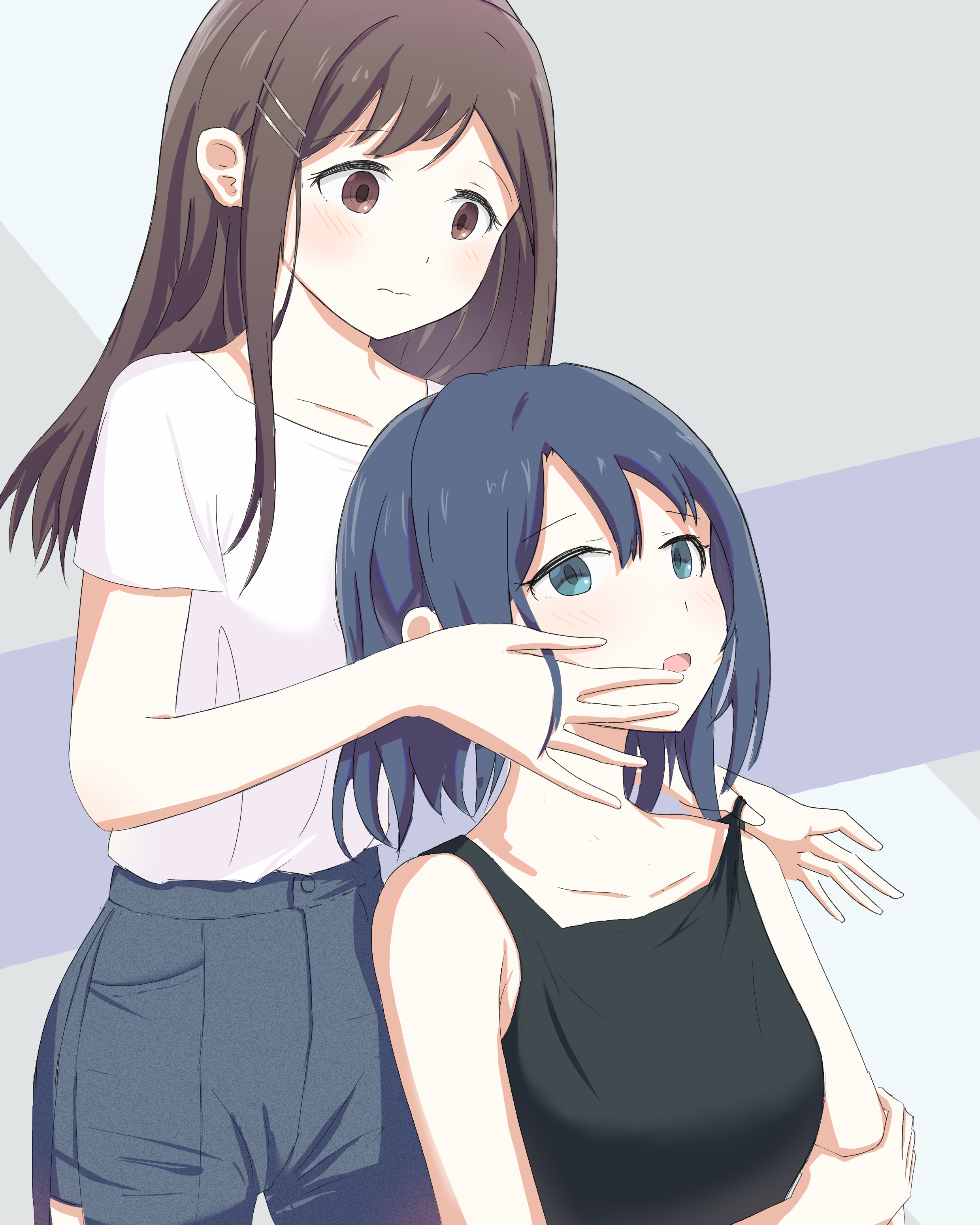 adachi sakura, shimamura hougetsu, adachi to shimamura, absurdres, commentary, highres, 2girls, black tank top, blue eyes, blue hair, blue shorts, blush, brown eyes, brown hair, closed mouth, hand on another's face, hand on another's shoulder, kama bokobokoboko, long hair, medium hair, multiple girls, open mouth, pink shirt, shirt, shorts, strap slip, tank top, yuri