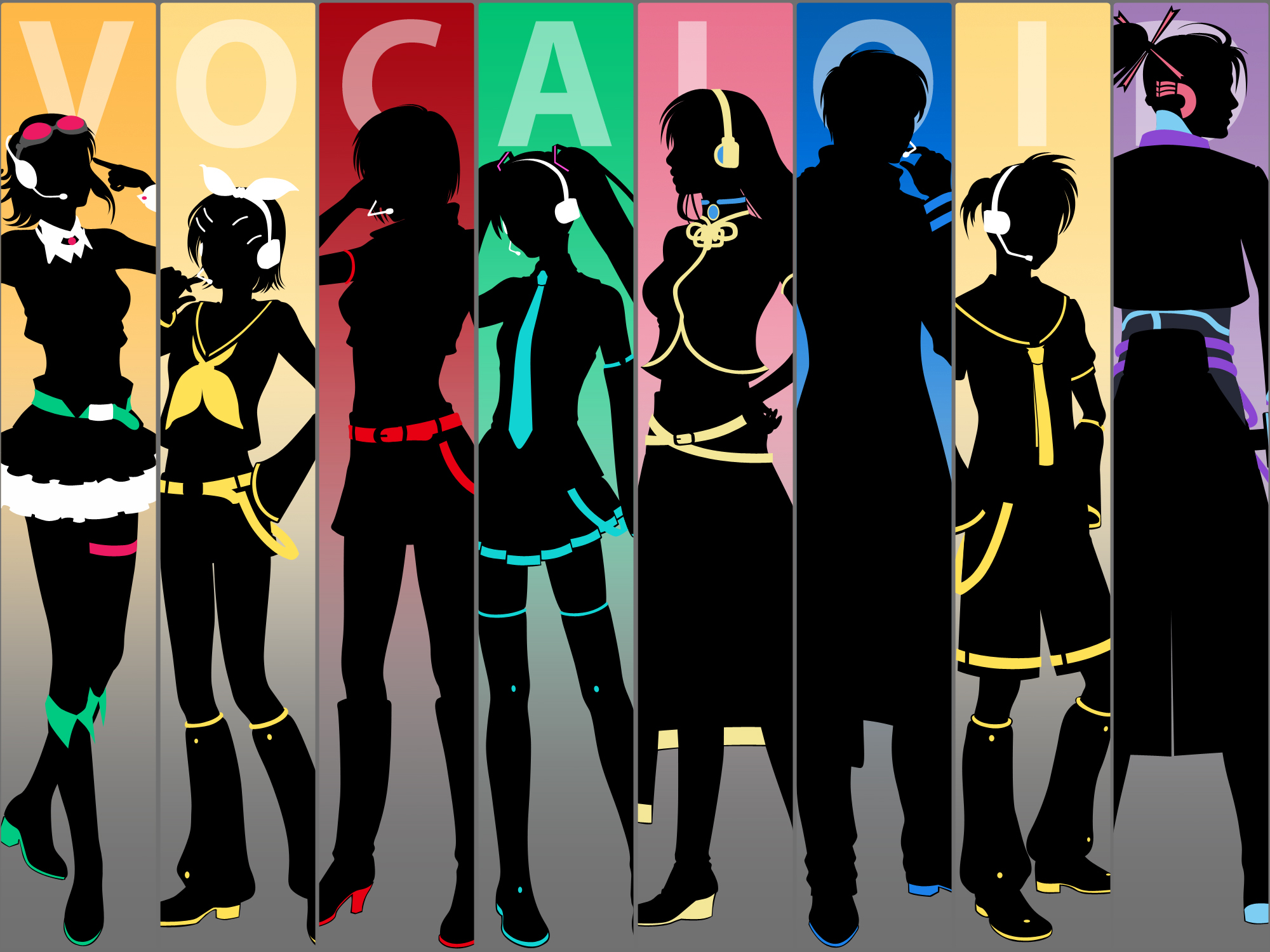 gumi, hatsune miku, kagamine len, kagamine rin, kaito (vocaloid), kamui gakupo, megurine luka, meiko (vocaloid), apple inc., vocaloid, highres, 3boys, 5girls, boots, everyone, faceless, faceless female, faceless male, facing away, facing viewer, family, full body, goggles, gradient background, grey background, headphones, headset, ipod, ipod ad, long hair, mp3 player, multiple boys, multiple girls, parody, short hair, silhouette, simple background, standing