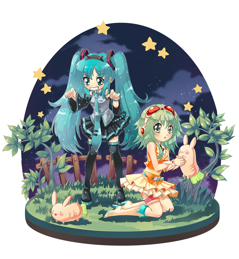 andy h, milk0504, gumi, hatsune miku, vocaloid, 2girls, :3, aqua eyes, aqua hair, belt, boots, detached sleeves, faux figurine, goggles, goggles on head, green eyes, green hair, grin, kneeling, long hair, multiple girls, necktie, plant, rabbit, red-tinted eyewear, short hair, skirt, smile, star (symbol), thighhighs, tinted eyewear, twintails, wrist cuffs, zettai ryouiki