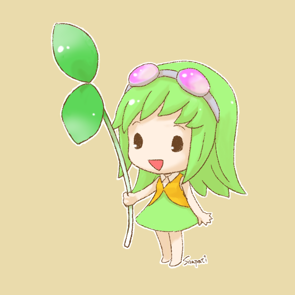 sanpati, gumi, vocaloid, 1girl, :d, chibi, dress, female focus, full body, goggles, green hair, leaf, open mouth, plant, short hair, simple background, smile, solo