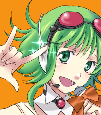 hani (udauda), gumi, nakajima megumi, vocaloid, bad id, bad pixiv id, lowres, 1girl, collar, detached collar, female focus, goggles, goggles on head, green eyes, green hair, headphones, m/, matching hair/eyes, microphone, open mouth, red-tinted eyewear, seikan hikou, short hair, simple background, smile, solo, tinted eyewear, voice actor connection