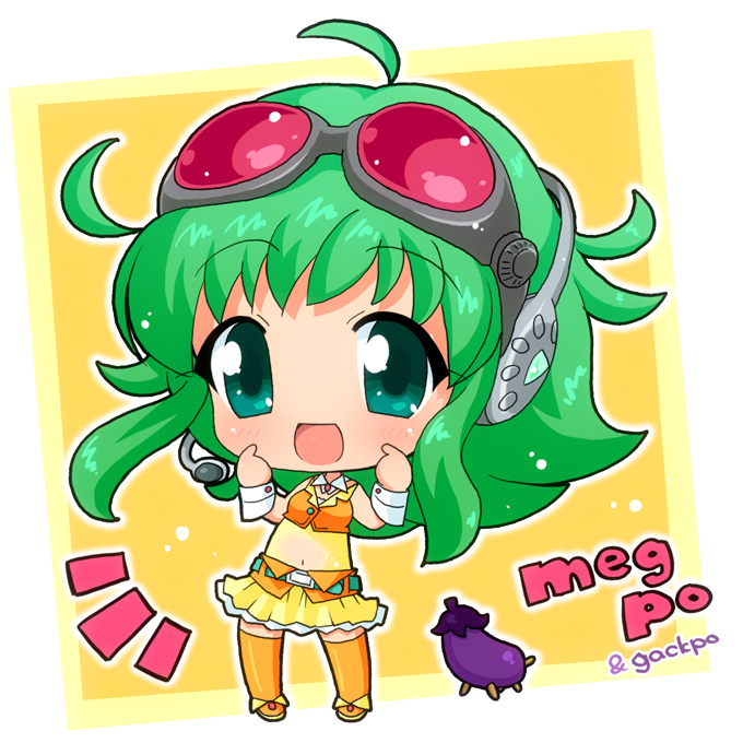 hahifuhe, gumi, vocaloid, 1girl, :d, blush, chibi, eggplant, female focus, full body, goggles, green eyes, green hair, headphones, matching hair/eyes, midriff, open mouth, orange shoes, red-tinted eyewear, shoes, short hair, skirt, smile, solo, thighhighs, tinted eyewear