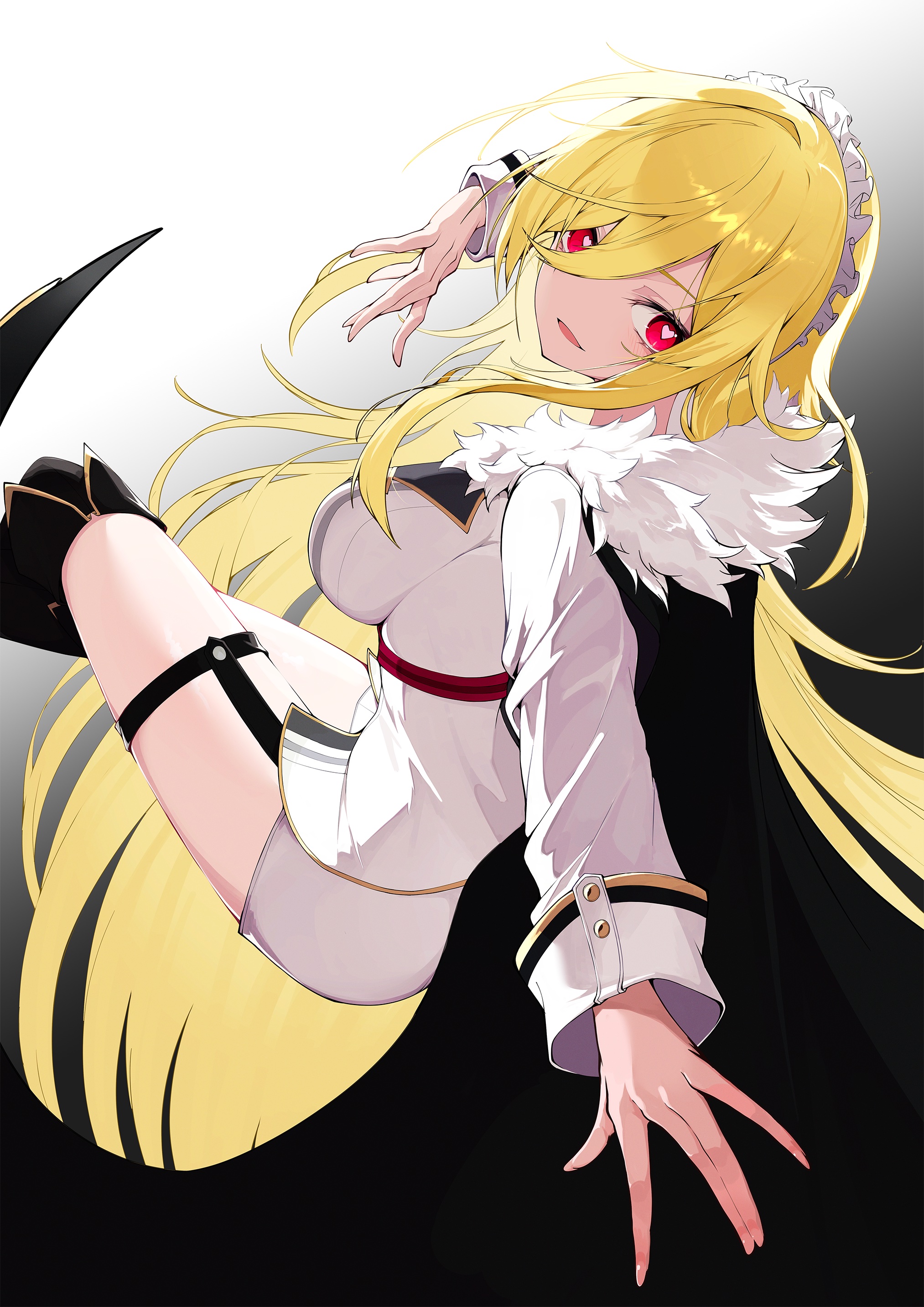yonagi white, original, absurdres, commentary request, commission, highres, skeb commission, 1girl, black background, black boots, black cape, blonde hair, boots, breasts, cape, crossed legs, eyes visible through hair, floating, from side, fur-trimmed cape, fur collar, fur trim, garter straps, gradient background, hair between eyes, hairband, heart, heart-shaped pupils, knee boots, large breasts, long hair, long sidelocks, long sleeves, looking at viewer, looking back, looking to the side, maid headdress, open mouth, parted lips, red eyes, shirt, shorts, sidelocks, smile, solo, split mouth, symbol-shaped pupils, thigh strap, thighs, very long hair, white background, white shirt, white shorts