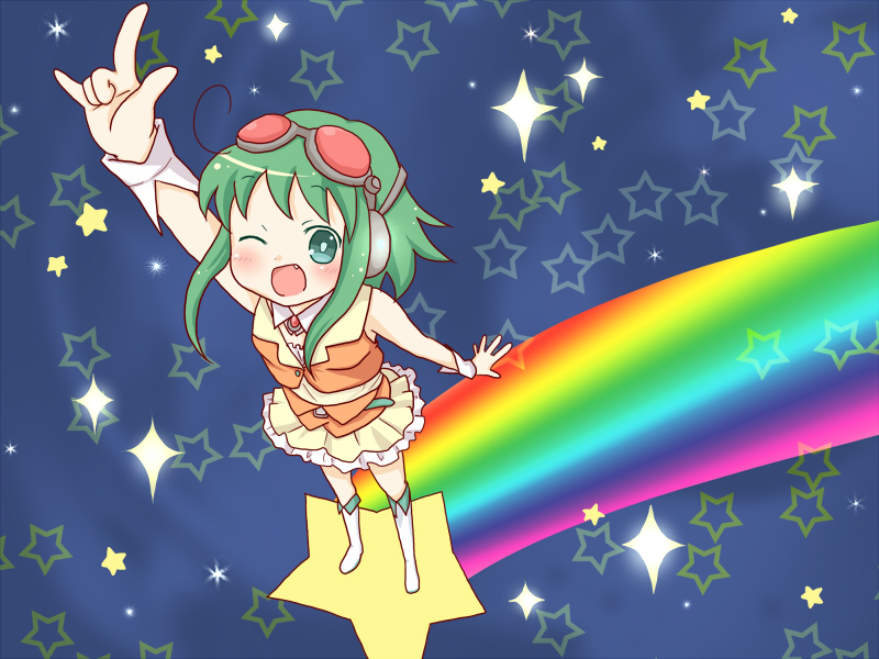 sakuramori sumomo, gumi, vocaloid, 1girl, blush, boots, cuffs, fang, female focus, frills, goggles, goggles on head, green eyes, green hair, headphones, m/, matching hair/eyes, one eye closed, rainbow, red-tinted eyewear, short hair, skirt, solo, star (symbol), tinted eyewear, wink, wrist cuffs