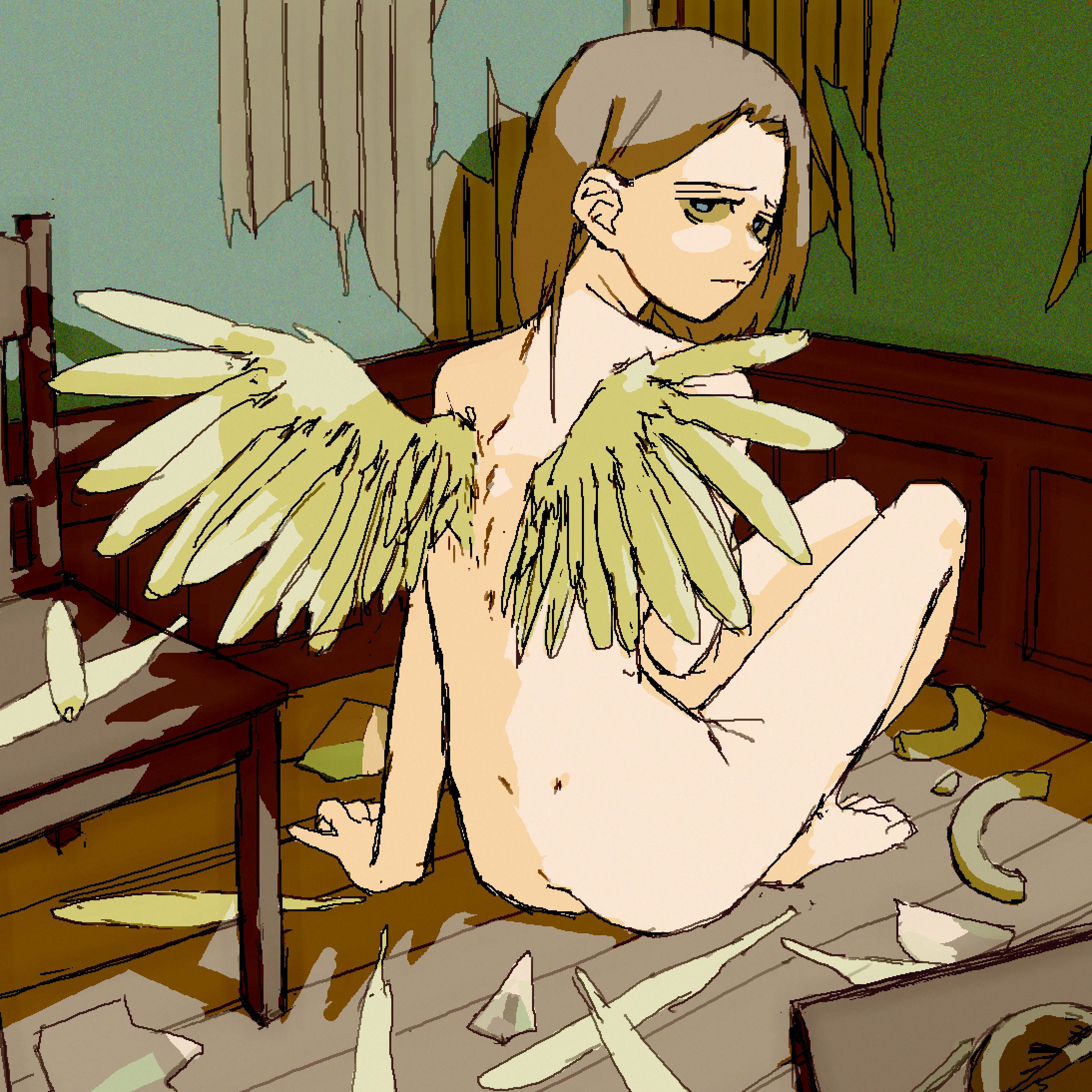 pantsu-ripper, original, highres, 1girl, arm support, blue eyes, broken, brown hair, chair, completely nude, dimples of venus, feathered wings, from behind, frown, looking back, medium hair, nude, sitting, solo, wings, wooden floor