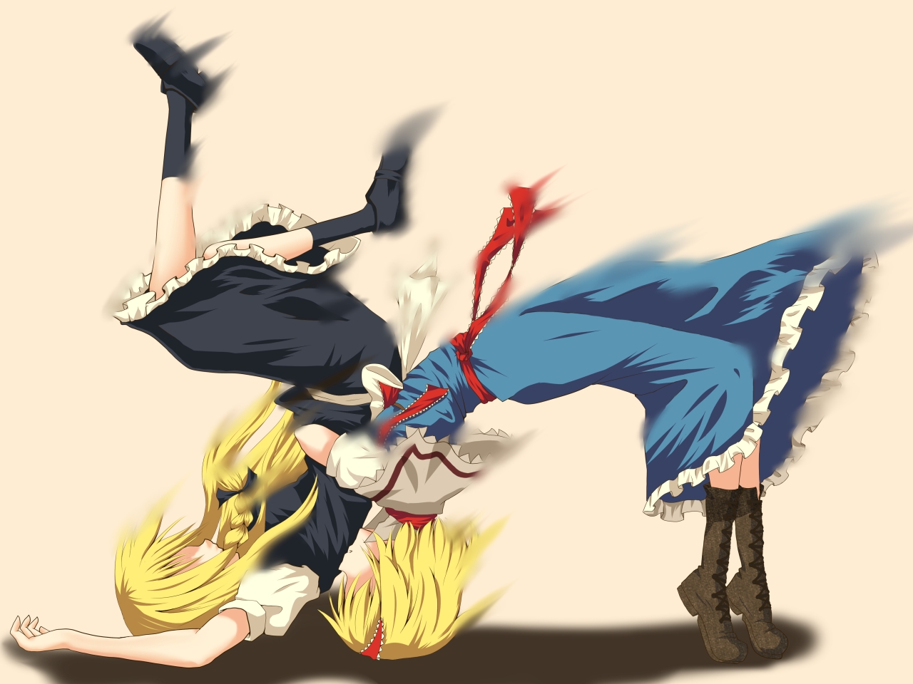 matsumoto aya, matyaya, alice margatroid, kirisame marisa, touhou, 2girls, blonde hair, braid, female focus, german suplex, long hair, multiple girls, short hair, suplex