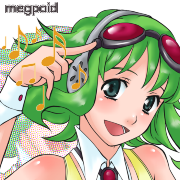 gumi, nakajima megumi, vocaloid, bad id, bad pixiv id, 1girl, m/, collar, cuffs, detached collar, female focus, goggles, green eyes, green hair, headphones, matching hair/eyes, musical note, open mouth, red-tinted eyewear, seikan hikou, short hair, solo, tinted eyewear, voice actor connection, wrist cuffs