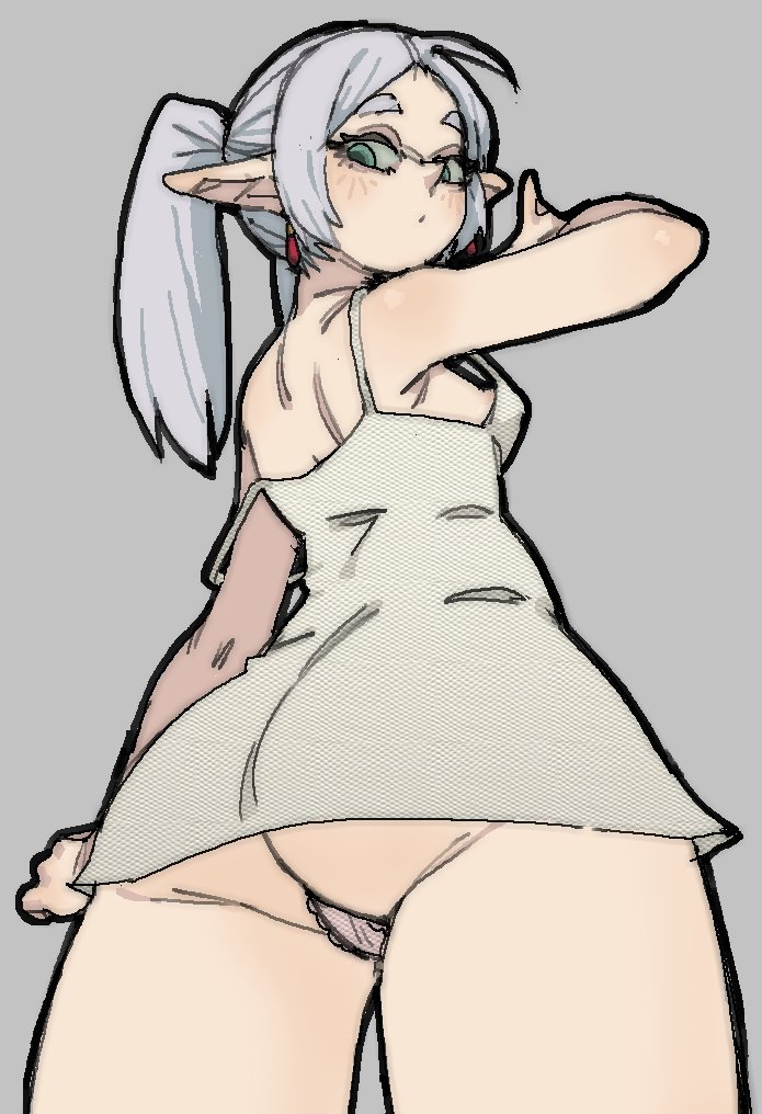 pantsu-ripper, frieren, sousou no frieren, 1girl, ass, breasts, dress, earrings, elf, expressionless, from behind, from below, green eyes, grey dress, grey hair, jewelry, looking back, microdress, panties, pink panties, pointy ears, small breasts, solo, strap gap, strap slip, thick eyebrows, twintails, underwear, upskirt