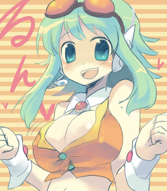 yuzuki gao, gumi, vocaloid, 1girl, bouncing breasts, breasts, cleavage, collar, cuffs, detached collar, female focus, goggles, goggles on head, green eyes, green hair, headphones, jiggle, large breasts, matching hair/eyes, open mouth, red-tinted eyewear, short hair, solo, tinted eyewear, wrist cuffs