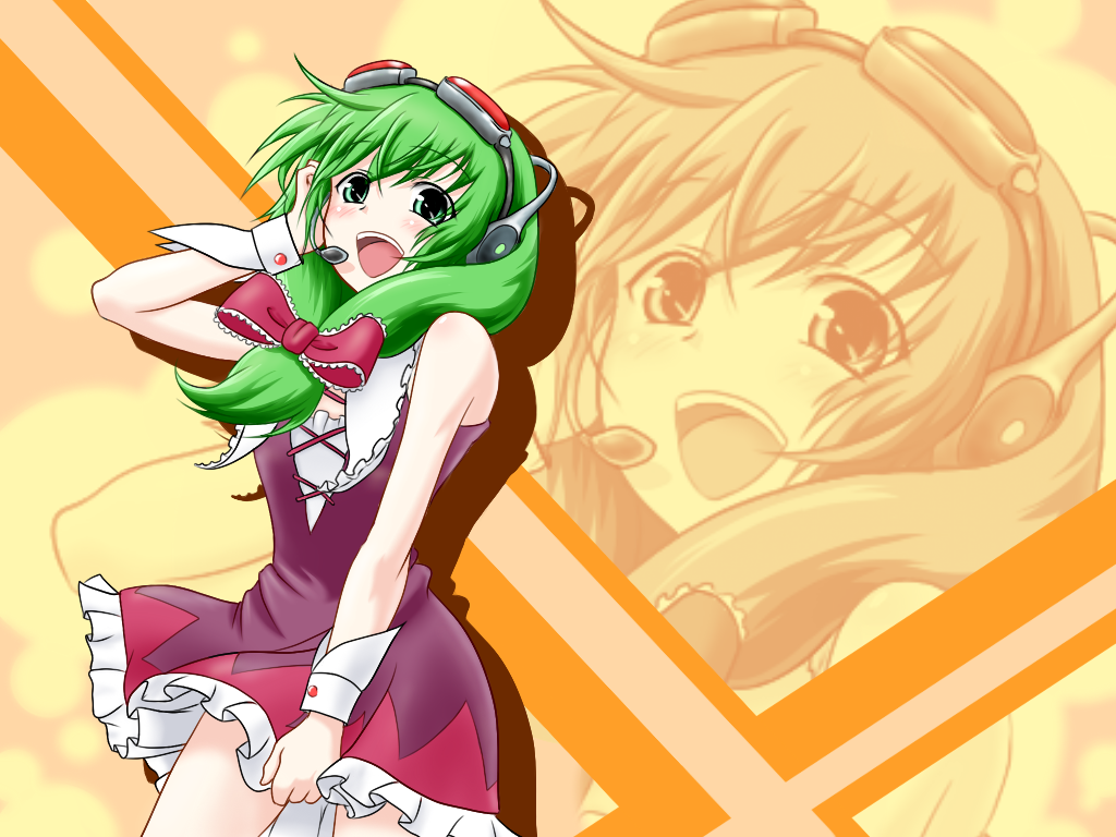 dorowa no hito, gumi, kagiyama hina, touhou, vocaloid, 1girl, alternate costume, alternate hairstyle, blush, bow, cosplay, cuffs, dress, female focus, front ponytail, goggles, goggles on head, green eyes, green hair, hair bow, happy, headphones, kagiyama hina (cosplay), long hair, matching hair/eyes, parody, red-tinted eyewear, smile, solo, tinted eyewear, wrist cuffs