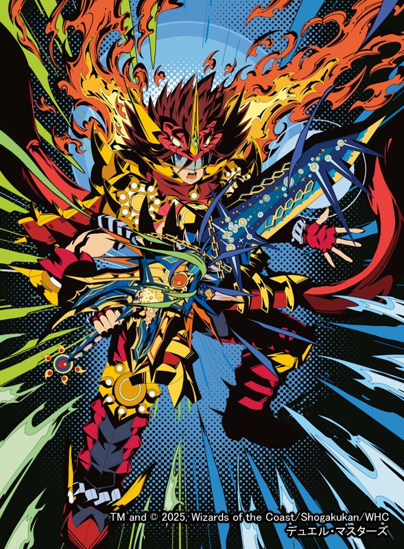 momose hisashi, duel masters, commentary request, official art, 1boy, 2025, armor, armored boots, assault visor, blue visor, boots, brown hair, copyright notice, fiery hair, fingerless gloves, glenmalt (duel masters), gloves, gold armor, hair between eyes, holding, holding sword, holding weapon, horns, japanese armor, multicolored armor, open mouth, red armor, red gloves, red scarf, scarf, single horn, solo, sword, teeth, weapon