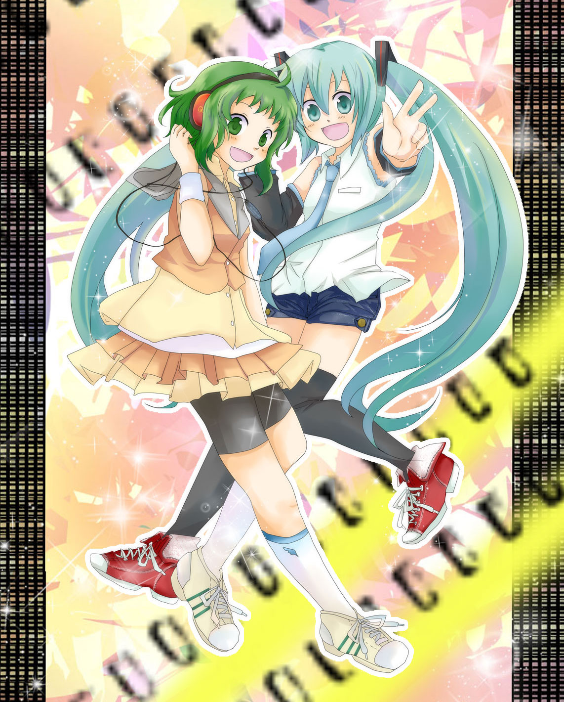 gumi, hatsune miku, vocaloid, highres, 2girls, aqua eyes, aqua hair, bike shorts, cuffs, detached sleeves, green eyes, green hair, happy, headphones, legs, long hair, multiple girls, shoes, short hair, shorts, shorts under skirt, skirt, smile, sneakers, socks, twintails, wrist cuffs