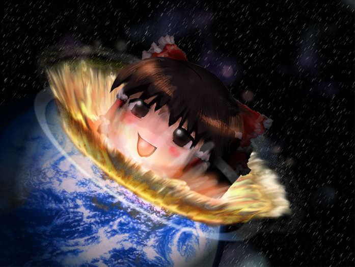 reraku, hakurei reimu, touhou, blush, bow, brown eyes, brown hair, earth (planet), female focus, hair bow, hair tubes, no humans, planet, solo, space, what, yukkuri shiteitte ne