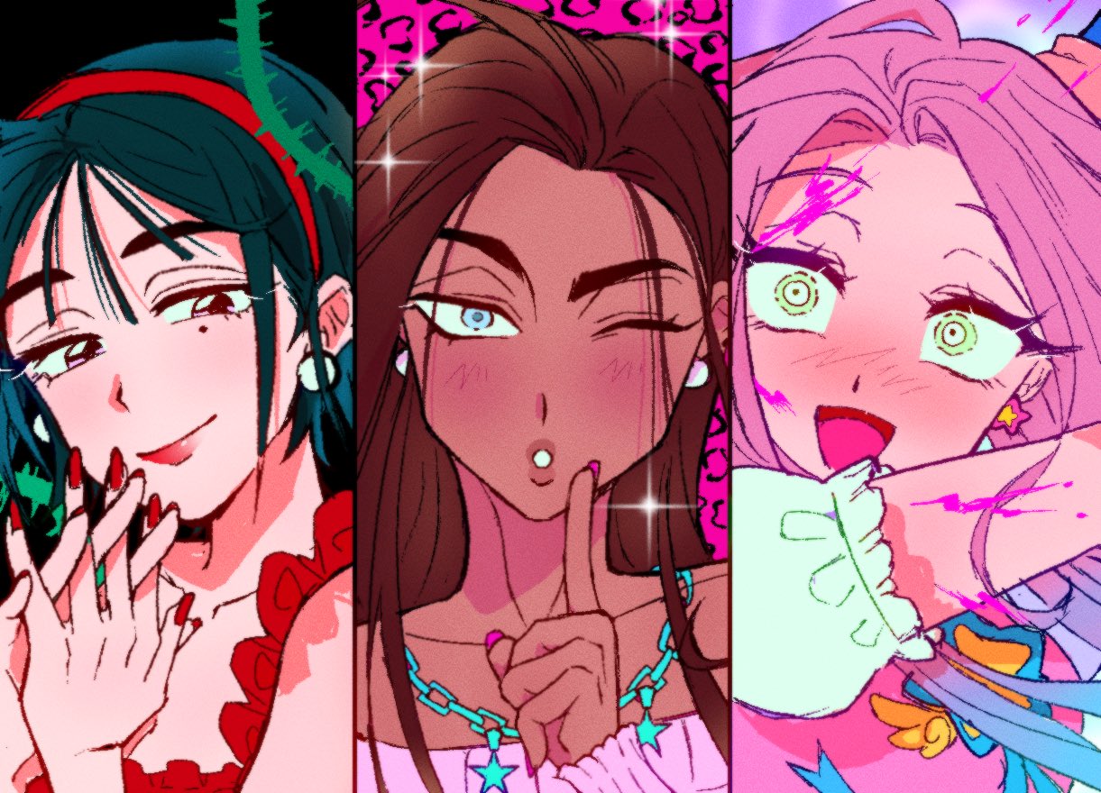 hyuna (alien stage), minako (vivinos), mizi (alien stage), sua (alien stage), alien stage, original, pink bitch club, commentary, english commentary, black hair, brown hair, chain, chain necklace, closed mouth, cosplay, dark-skinned female, dark skin, dress, earrings, grey eyes, hairband, jewelry, long hair, magical angel ruru, magical angel ruru (cosplay), minako (vivinos) (cosplay), mole, mole under eye, necklace, open mouth, pearl earrings, pink dress, pink hair, pink nails, pink sweater, red dress, red hair, red hairband, red lips, rosario (spamtonbonar), short hair, smile, star (symbol), sweater