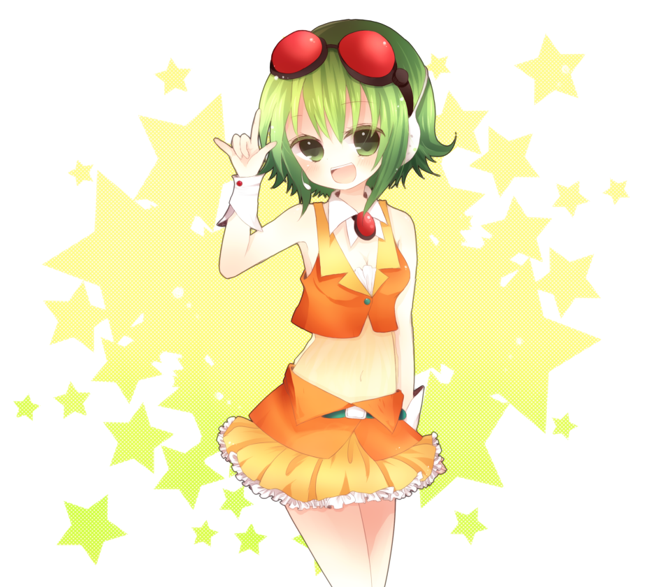 gumi, vocaloid, 1girl, m/, collar, cuffs, detached collar, female focus, goggles, green eyes, green hair, headphones, matching hair/eyes, short hair, skirt, smile, solo, star (symbol), wrist cuffs