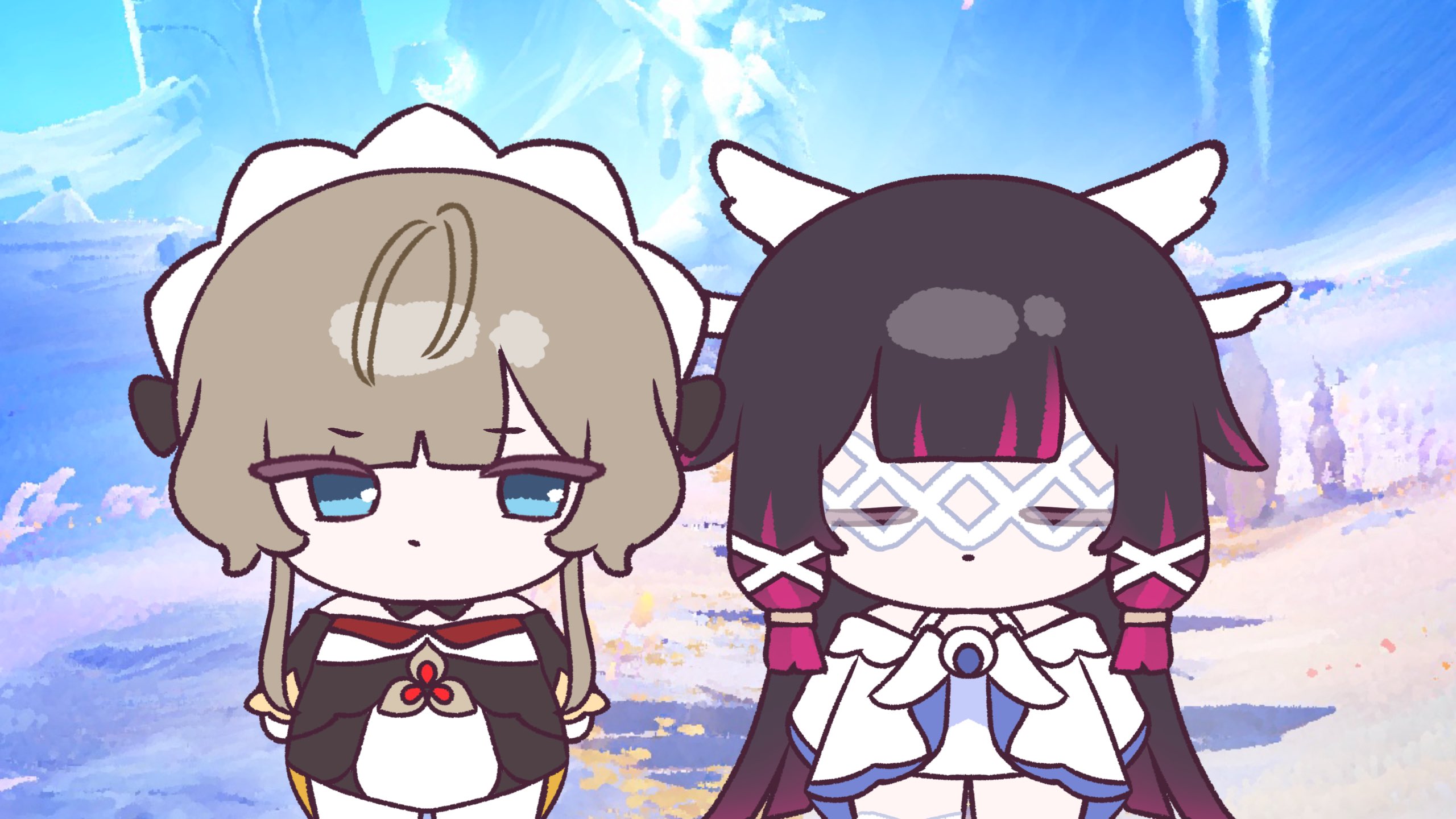 mikurumikurumi, columbina (genshin impact), sandrone (genshin impact), genshin impact, commentary, highres, symbol-only commentary, 2girls, black collar, black sleeves, braid, bun with braided base, closed eyes, collar, detached collar, detached sleeves, dress, eye mask, eyes on wings, fatui coat, feathered wings, gem, hair ornament, head wings, headdress, mask, multicolored hair, multiple girls, multiple wings, purple streaks, red gemstone, short hair with long locks, symbol-shaped pupils, two-tone hair, white dress, white headdress, white mask, white wings, wing hair ornament, wings, wrist bow, x-shaped eyewear, x-shaped pupils