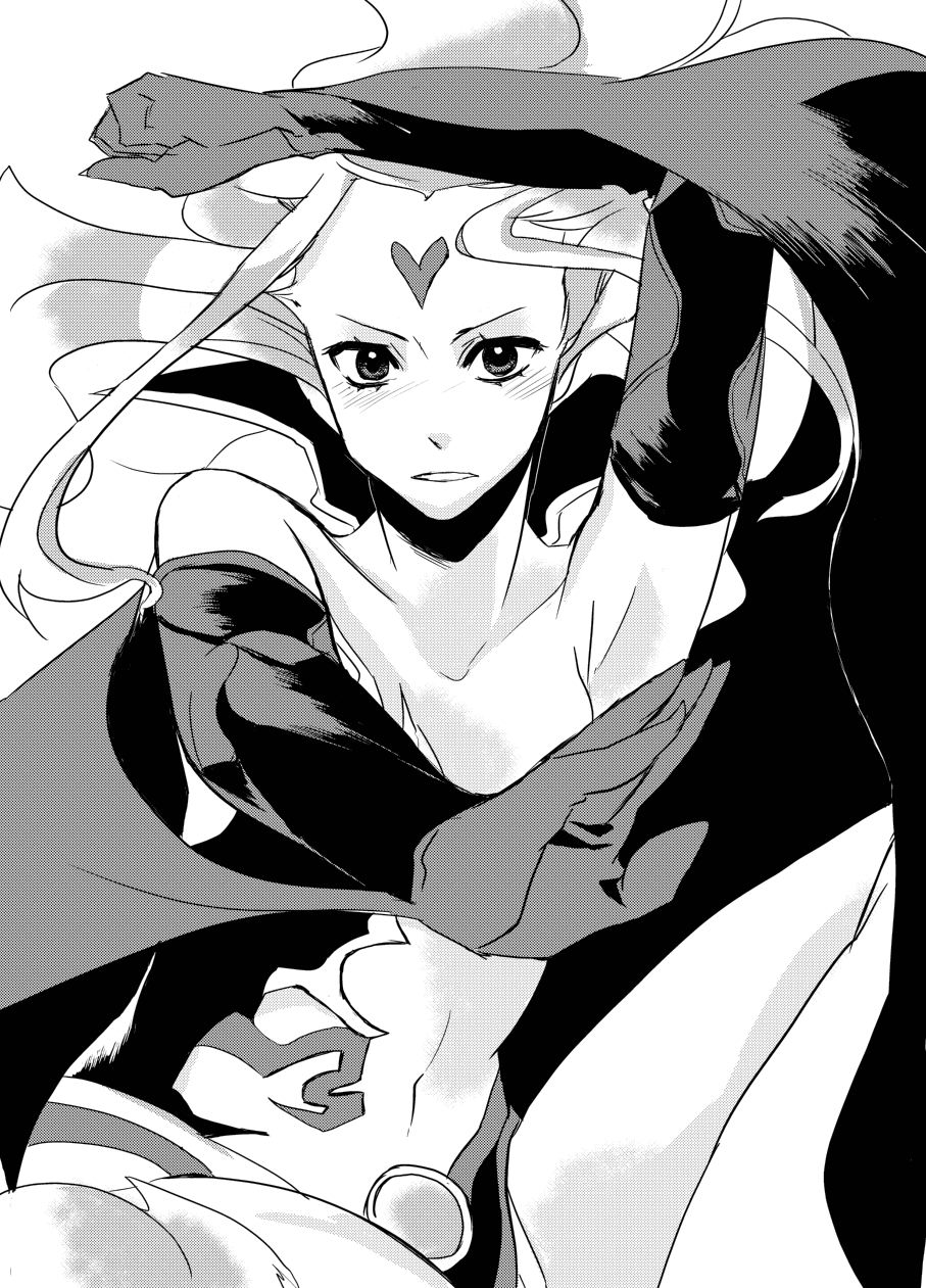 nagisanma, cloud of darkness, dissidia final fantasy, final fantasy, final fantasy iii, bad id, bad pixiv id, highres, 1990s (style), 1girl, cape, elbow gloves, facial mark, female focus, forehead mark, gloves, greyscale, heart, long hair, monochrome, navel, retro artstyle, solo