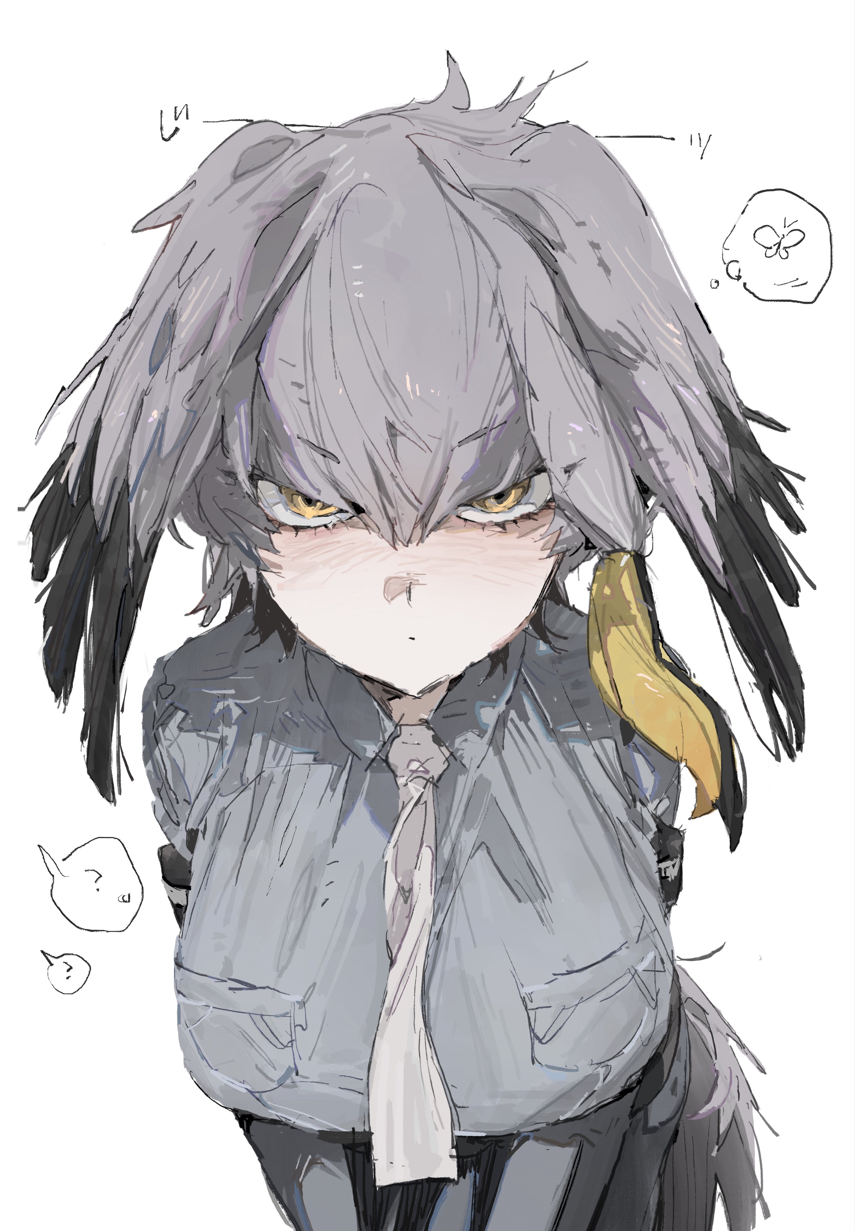 le (szs0k), shoebill (kemono friends), kemono friends, absurdres, commentary request, highres, 1girl, ?, bird girl, bird tail, blush, breasts, collared shirt, grey hair, grey necktie, hair between eyes, head wings, large breasts, long hair, looking at viewer, necktie, shirt, simple background, solo, tail, white background, wings, yellow eyes