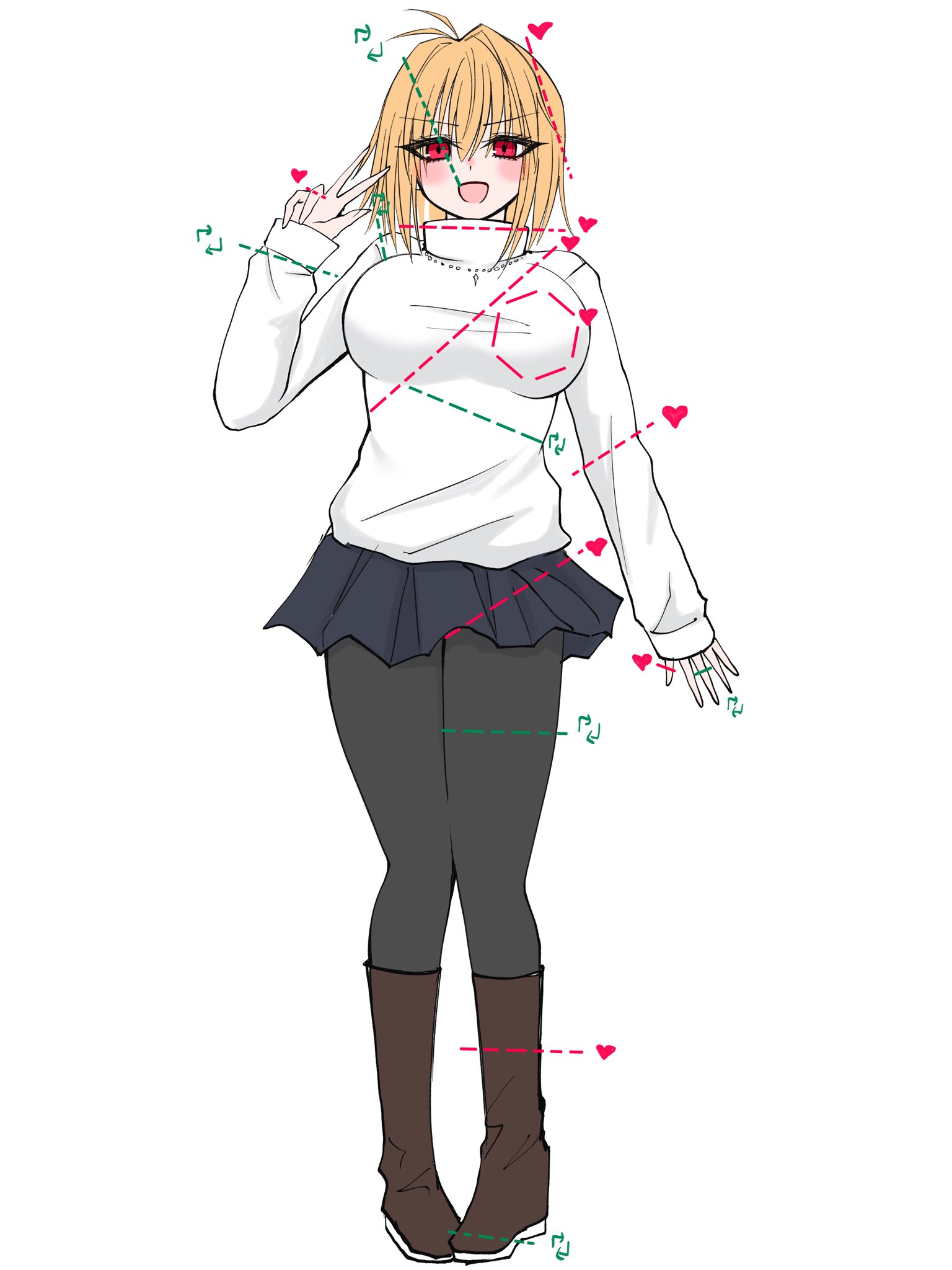 mcpc zamurai, arcueid brunestud, tsukihime, tsukihime (remake), commentary, highres, symbol-only commentary, 1girl, :d, ahoge, arm at side, arm up, black pantyhose, blonde hair, blue skirt, blush, boots, breasts, brown boots, hair intakes, happy, huge breasts, jewelry, looking at viewer, meme, miniskirt, necklace, open mouth, pantyhose, red eyes, scene reference, skirt, smile, sweater, turtleneck, turtleneck sweater, twitter cutting game, v, white sweater