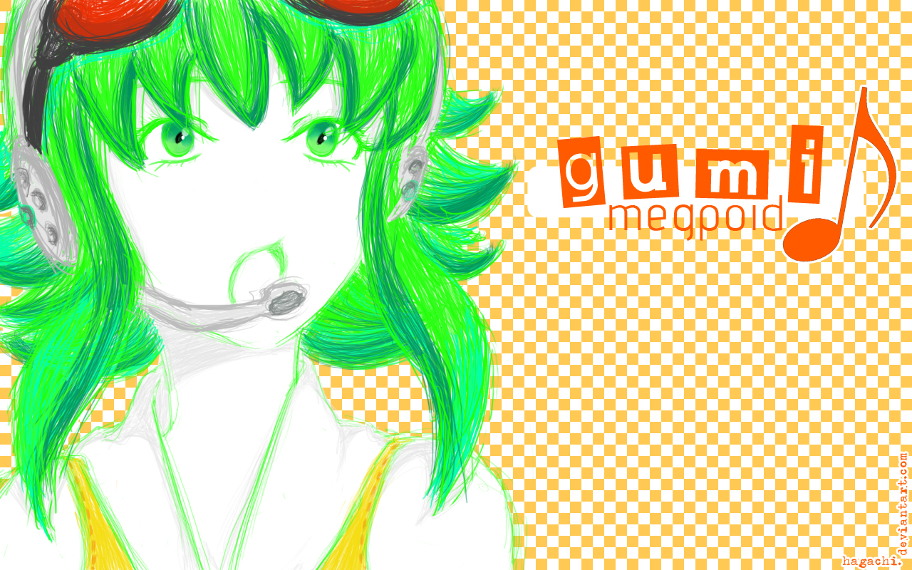 hagachi, gumi, vocaloid, 1girl, female focus, goggles, green eyes, green hair, headphones, matching hair/eyes, musical note, open mouth, short hair, sketch, solo