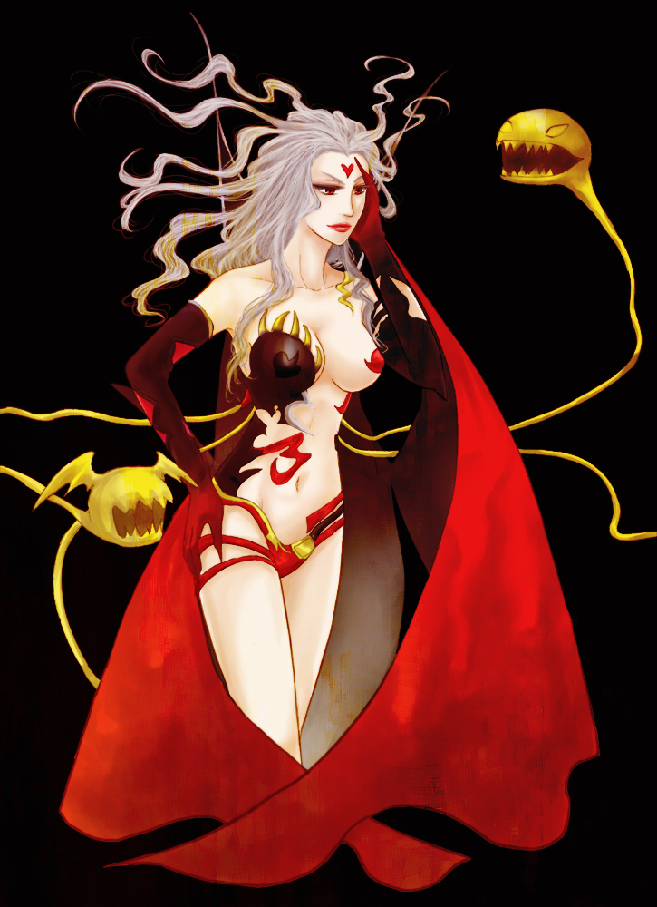 taramaki, cloud of darkness, dissidia final fantasy, final fantasy, final fantasy iii, bad id, bad pixiv id, 1990s (style), 1girl, cape, elbow gloves, facial mark, forehead mark, gloves, grey hair, heart, long hair, red eyes, revealing clothes