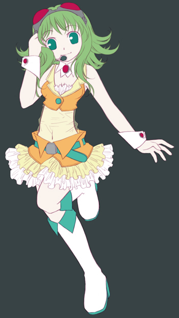 gumi, vocaloid, 1girl, boots, collar, cuffs, detached collar, female focus, full body, goggles, green eyes, green hair, headphones, matching hair/eyes, short hair, simple background, skirt, smile, solo, wrist cuffs
