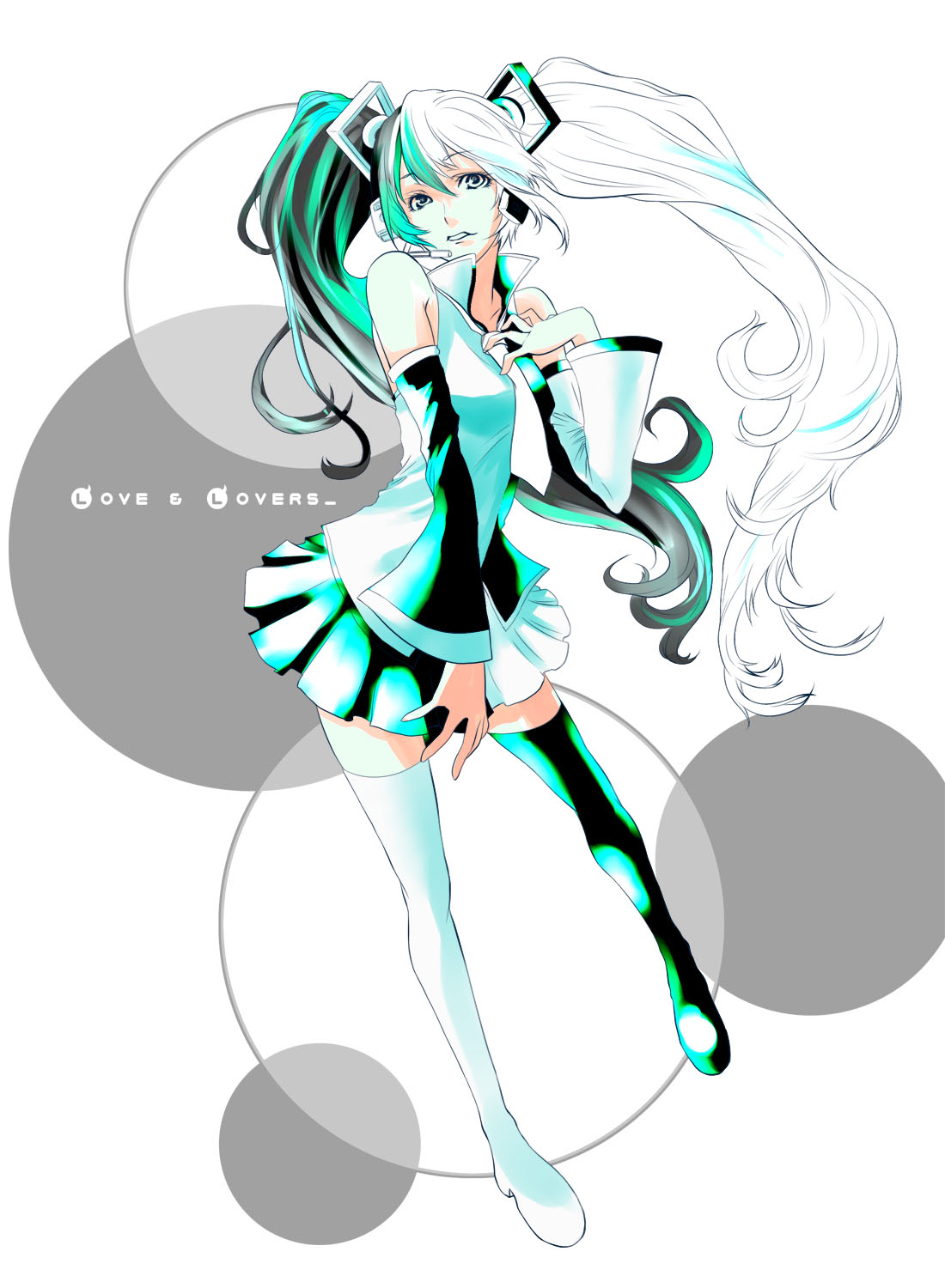kakage, hatsune miku, ura-omote lovers (vocaloid), vocaloid, bad id, bad pixiv id, highres, detached sleeves, headphones, headset, legs, long hair, skirt, solo, thighhighs, twintails, very long hair, zettai ryouiki