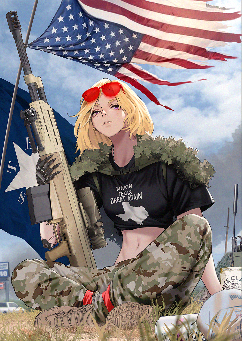 shuten (project sky), original, white claw (brand), cropped, highres, 1girl, alcohol, american flag, billboard, bipod, black shirt, blonde hair, blue eyes, boots, brown boots, brown pants, camouflage, camouflage capelet, camouflage pants, can, capelet, clothes writing, cloud, drink can, earrings, eyewear on head, gun, holding, holding gun, holding weapon, indian style, jewelry, magazine (weapon), medium hair, mole, mole under eye, motor vehicle, navel, on grass, on ground, orange-tinted eyewear, outdoors, pants, parted lips, pickup truck, radio antenna, rifle, scope, shirt, shirt rolled up, short sleeves, sitting, sniper rifle, solo, sunglasses, t-shirt, texas, texas flag, tinted eyewear, torn flag, truck, weapon