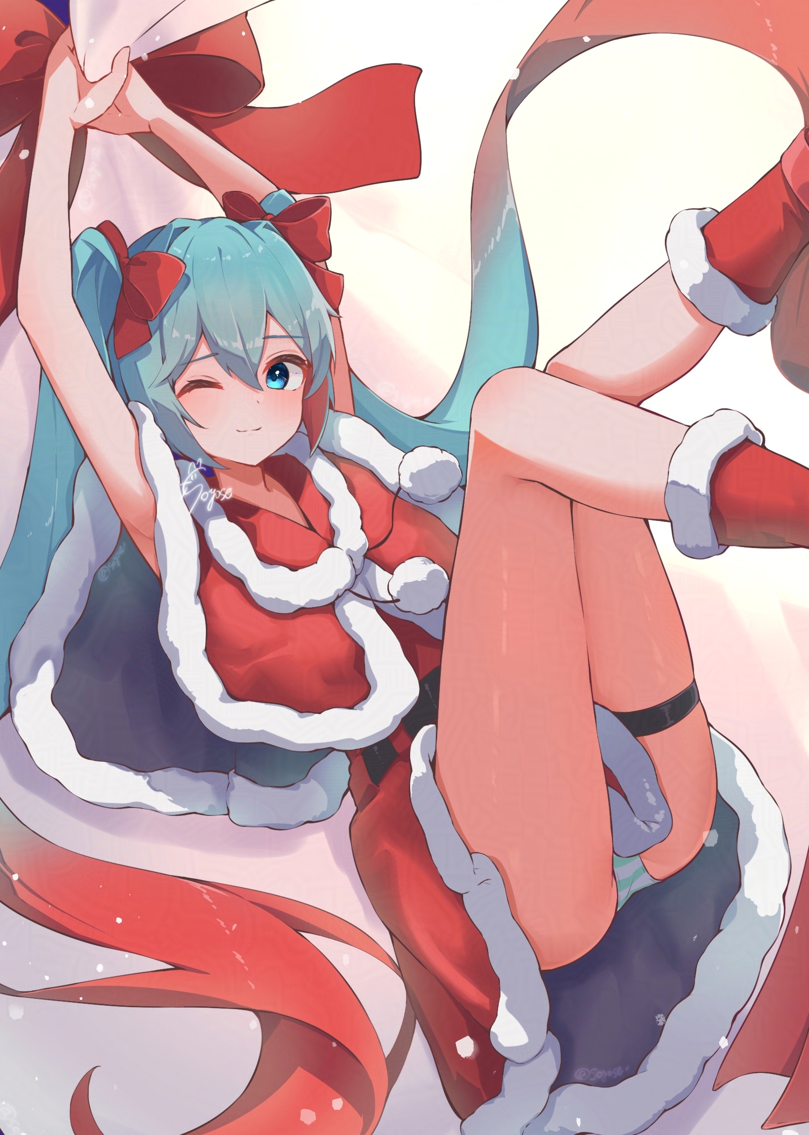 soyose, hatsune miku, vocaloid, commentary request, highres, 1girl, absurdly long hair, aqua eyes, aqua hair, arms up, boots, bow, capelet, christmas, closed mouth, dress, fur-trimmed boots, fur-trimmed capelet, fur-trimmed dress, fur trim, gradient hair, hair between eyes, hair bow, hair ornament, holding, holding sack, long hair, looking at viewer, multicolored hair, one eye closed, panties, pom pom (clothes), red boots, red bow, red capelet, red dress, red hair, sack, sleeveless, sleeveless dress, solo, striped clothes, striped panties, thigh strap, twintails, underwear, very long hair