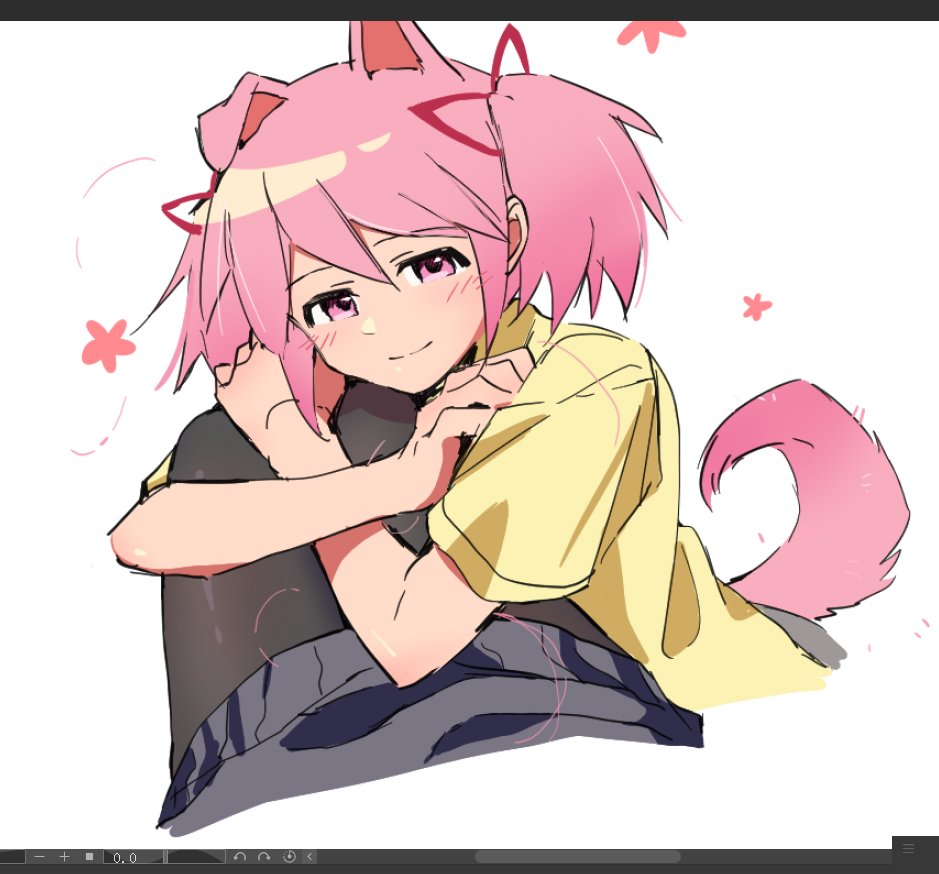 ban45601, akemi homura, kaname madoka, mahou shoujo madoka magica, mahou shoujo madoka magica (anime), 2girls, animal ears, art program in frame, black pantyhose, blush, closed mouth, dog ears, dog girl, dog tail, female pov, kemonomimi mode, looking at viewer, multiple girls, pantyhose, pink eyes, pink hair, pov, shirt, short twintails, smile, tail, twintails, white background, yellow shirt, yuri