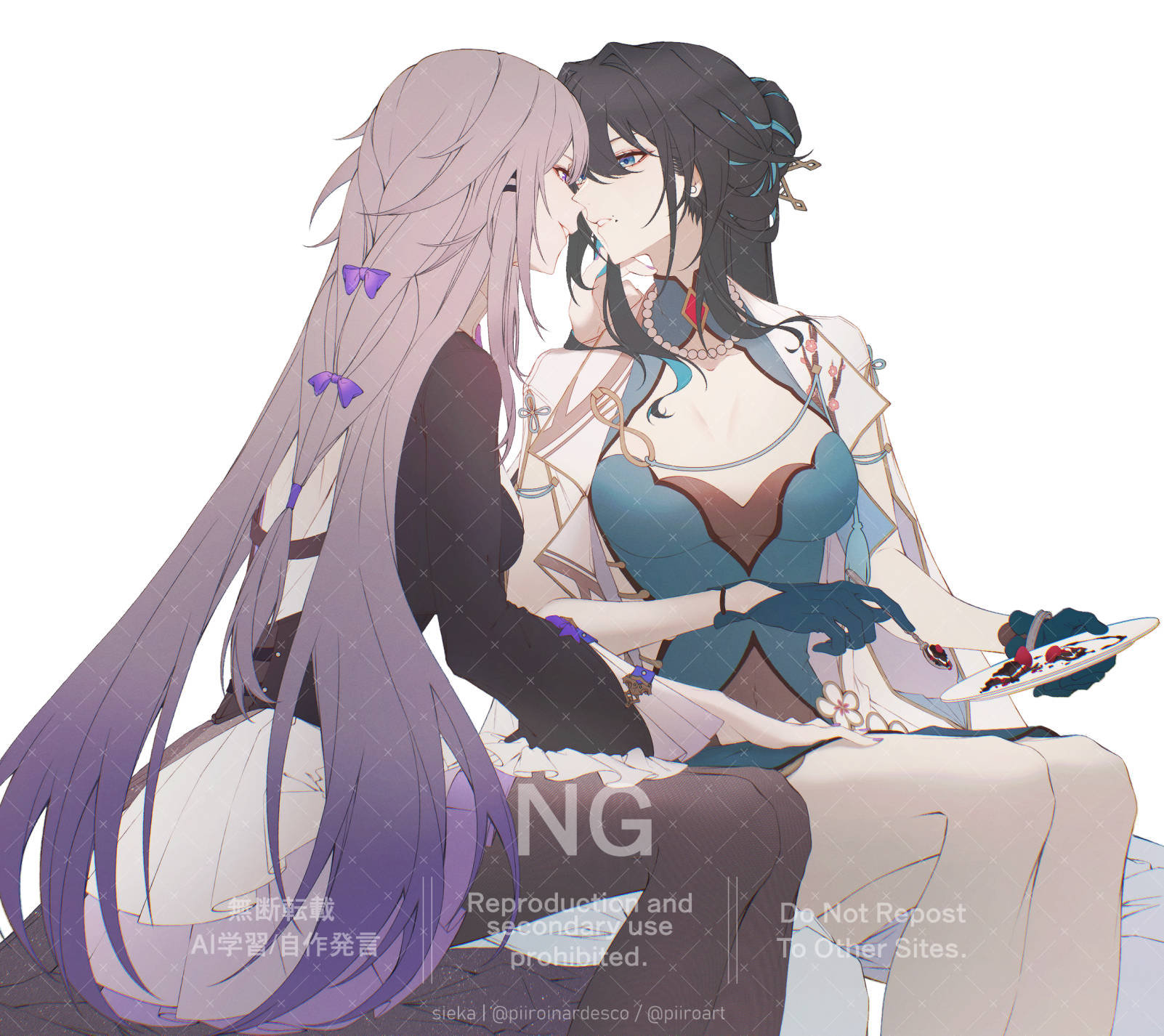 sieka (piiroinardesco), herta (honkai: star rail), ruan mei (honkai: star rail), the herta (honkai: star rail), honkai: star rail, honkai (series), highres, 2girls, aqua dress, aqua gloves, ascot, bead necklace, beads, blue gloves, chinese clothes, clothing cutout, collar, dress, flower, gloves, green collar, green dress, jewelry, long hair, multiple girls, necklace, pearl necklace, purple eyes, purple flower, purple nails, ruan, white ascot, yuri