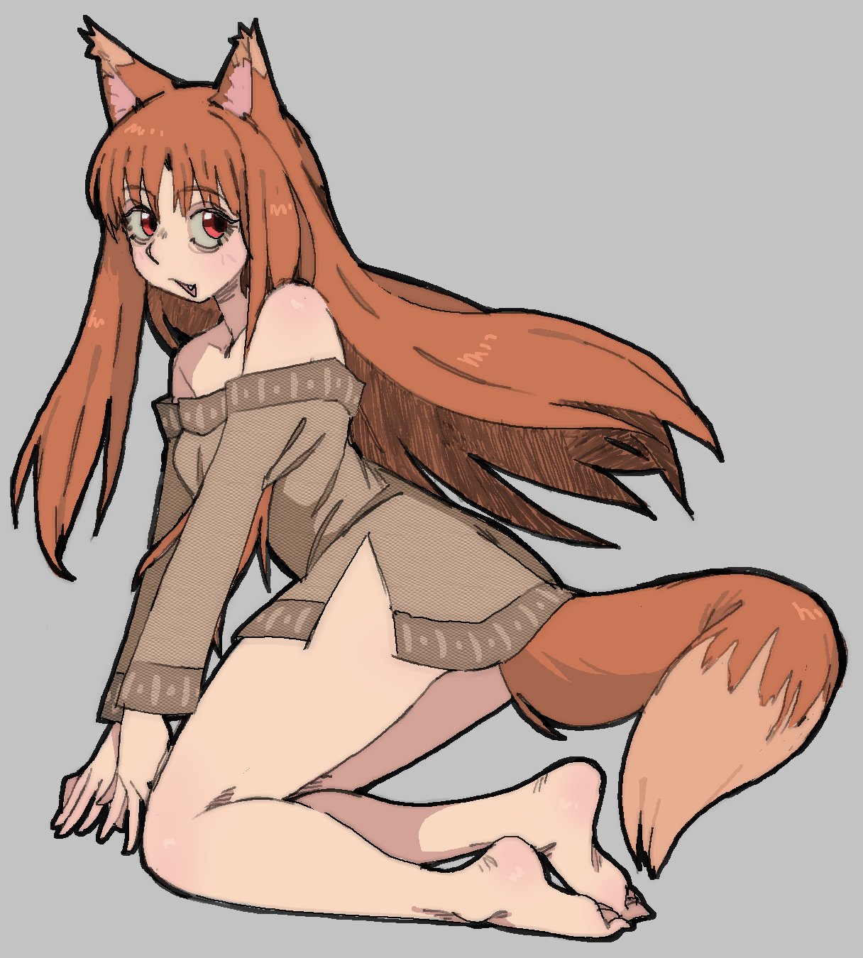 pantsu-ripper, holo, spice and wolf, derivative work, highres, 1girl, animal ears, bare shoulders, barefoot, brown hair, dress, fox ears, fox girl, fox tail, full body, long hair, off-shoulder dress, off shoulder, red eyes, short dress, solo, tail, very long hair